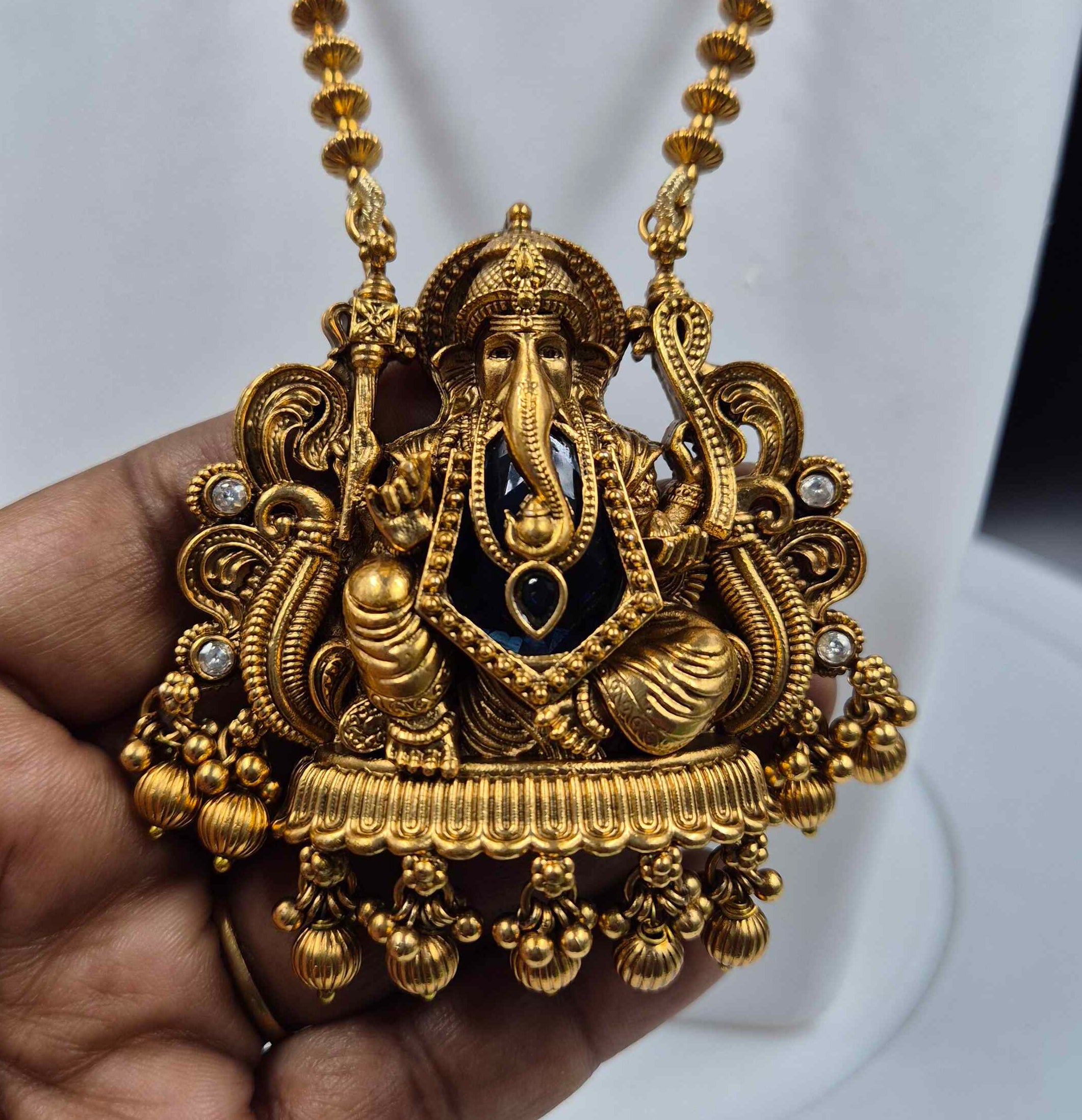 Antique Gold Lord Ganesha Temple Long Haram | Traditional South Indian Necklace Set with Jhumka Earrings