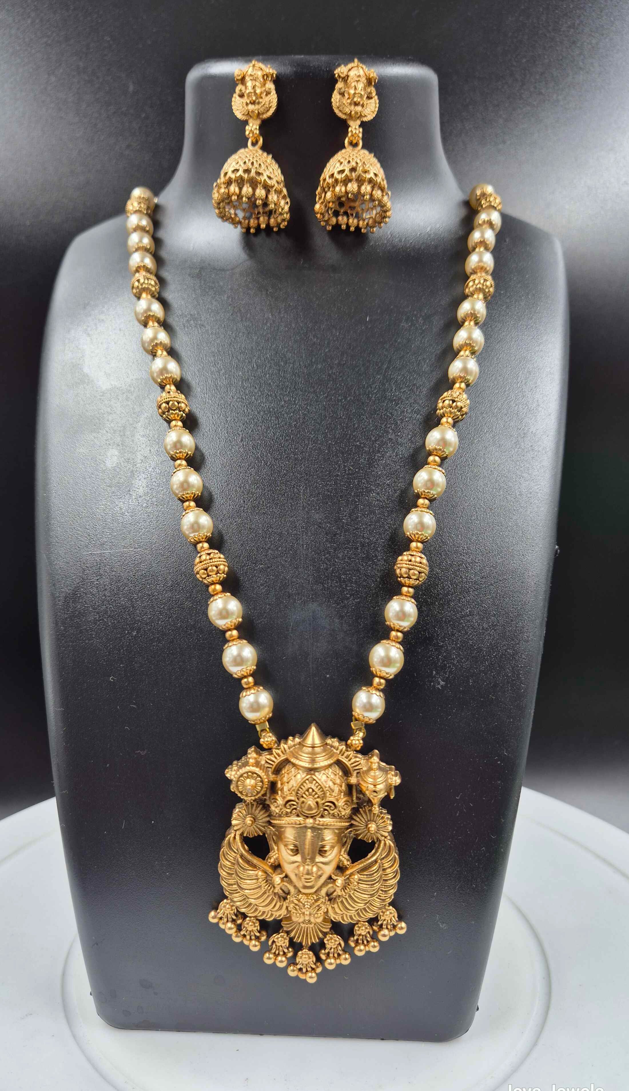Antique Perumal face with Garudalwar wings pendant in Pearl Long Haram | South Indian Temple Necklace Set with Jhumka Earrings