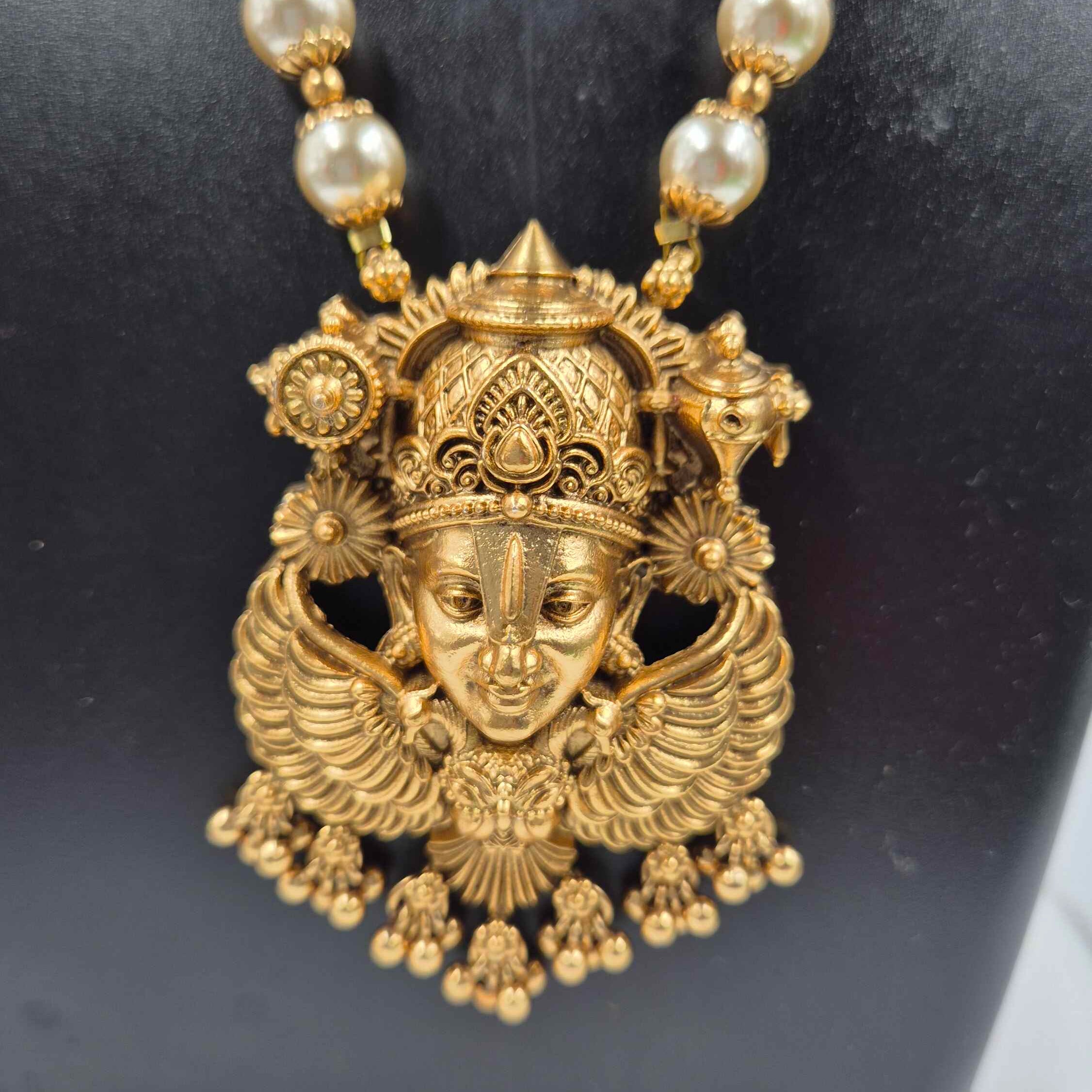 Antique Perumal face with Garudalwar wings pendant in Pearl Long Haram | South Indian Temple Necklace Set with Jhumka Earrings