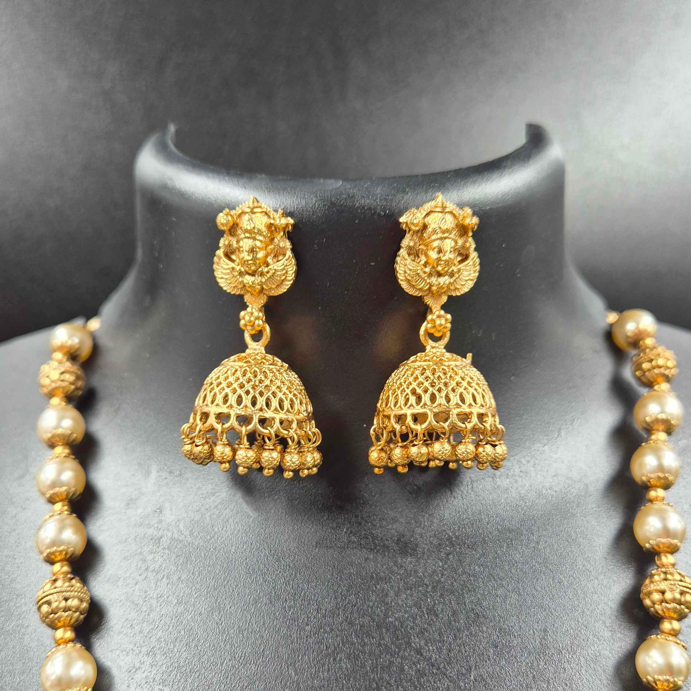Antique Perumal face with Garudalwar wings pendant in Pearl Long Haram | South Indian Temple Necklace Set with Jhumka Earrings