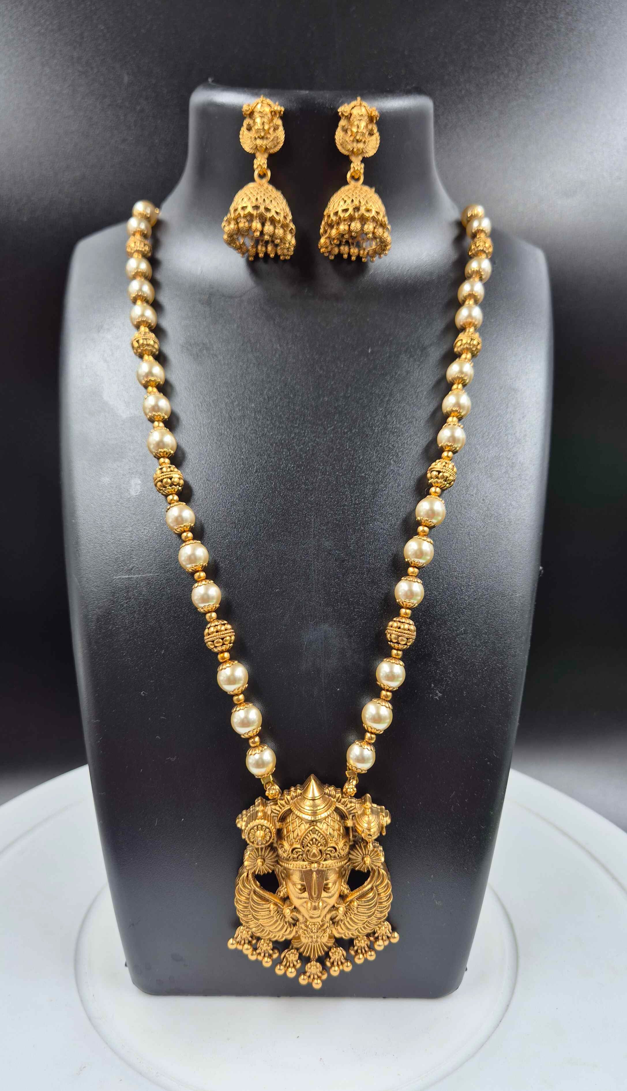 Antique Perumal face with Garudalwar wings pendant in Pearl Long Haram | South Indian Temple Necklace Set with Jhumka Earrings