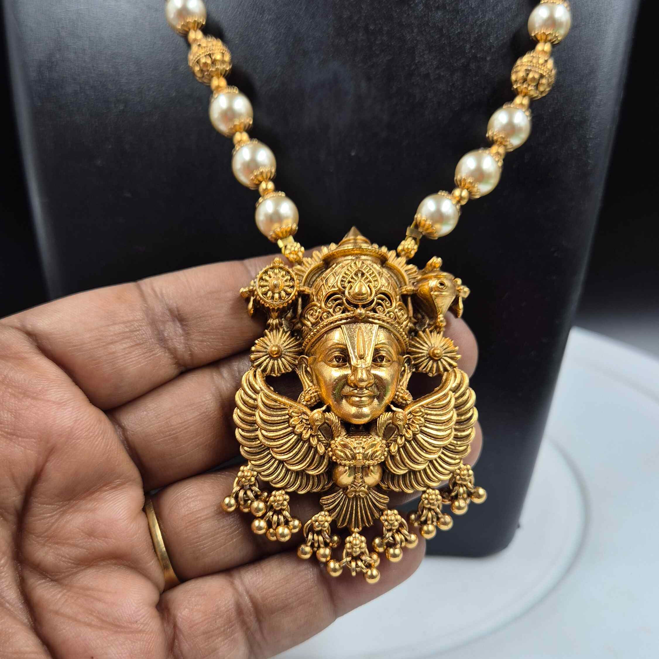 Antique Perumal face with Garudalwar wings pendant in Pearl Long Haram | South Indian Temple Necklace Set with Jhumka Earrings