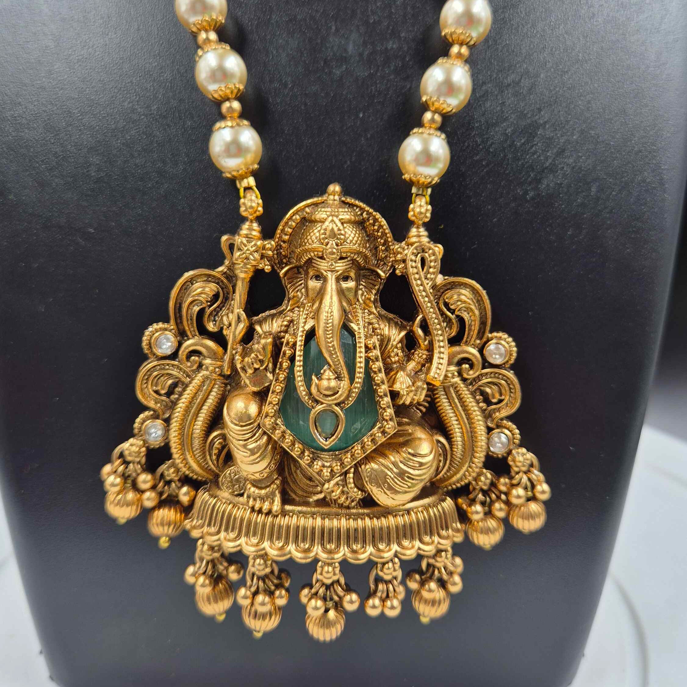 Lord Ganesha Pearl Long Haram with mint Green Stone | South Indian Temple Necklace Set with Jhumka Earrings