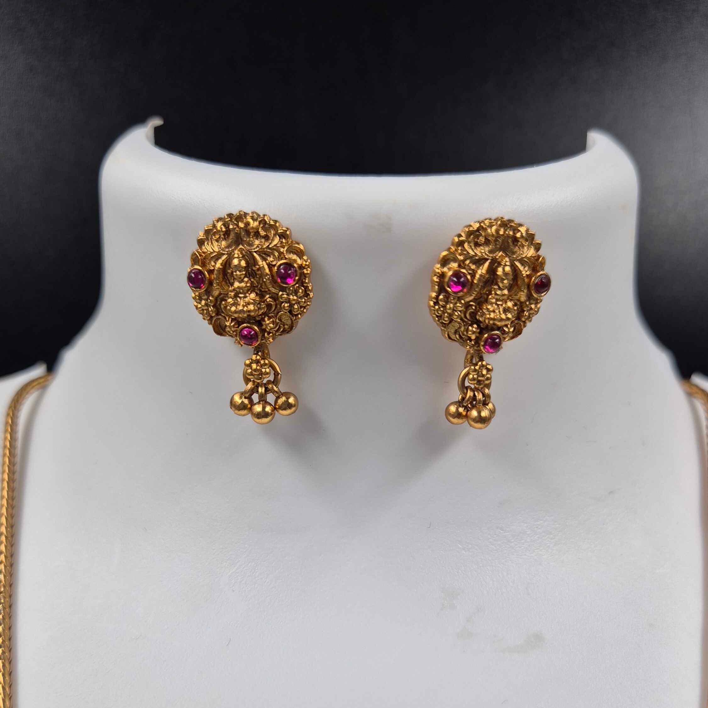 Gold Lakshmi Pendant Necklace Set with Green Stone | Traditional Temple Jewelry with Stud Earrings