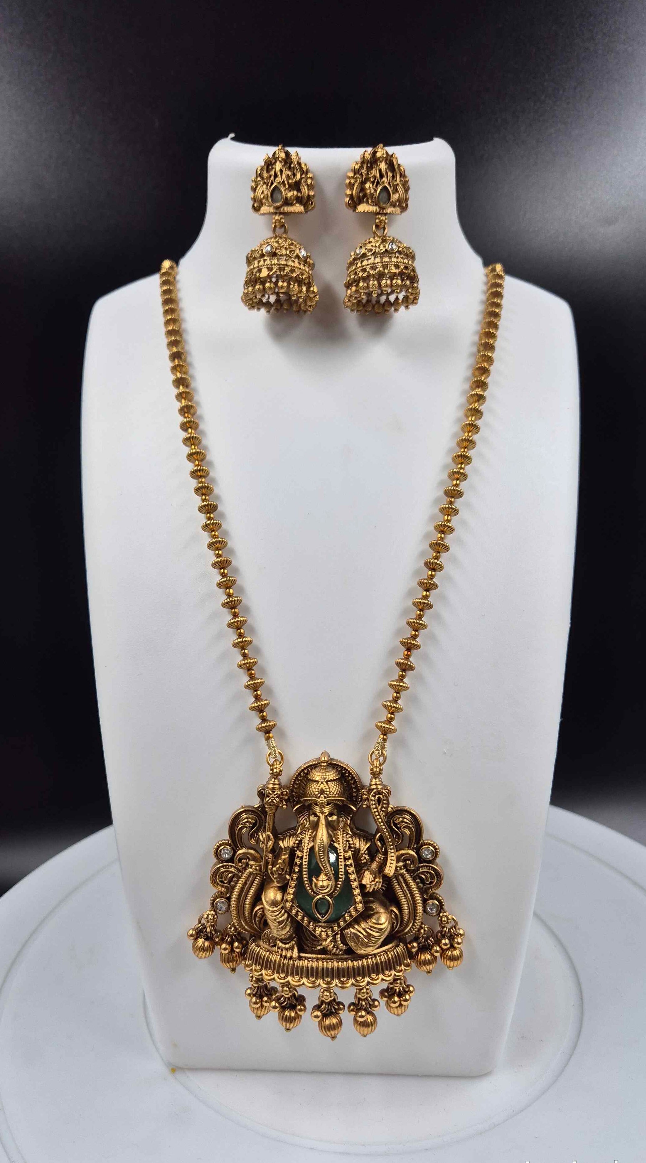Gold Ganesha Temple Pendant Necklace Set with Jhumka Earrings | Traditional South Indian Jewelry