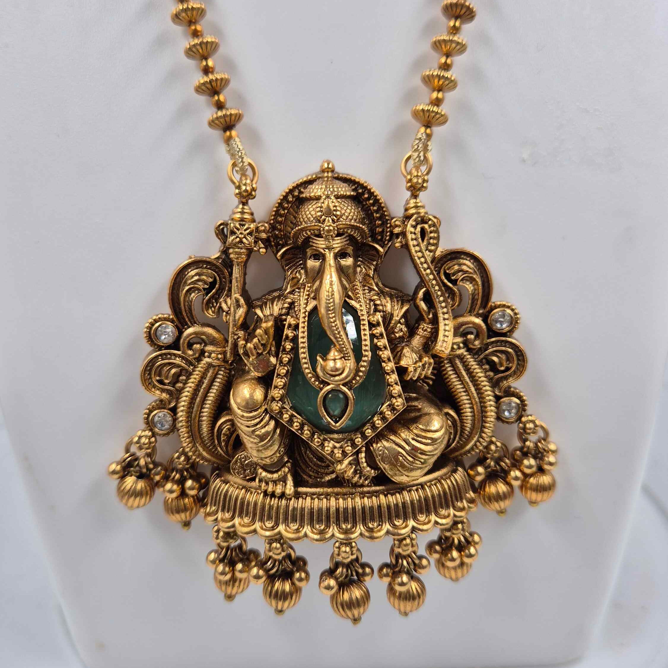 Gold Ganesha Temple Pendant Necklace Set with Jhumka Earrings | Traditional South Indian Jewelry