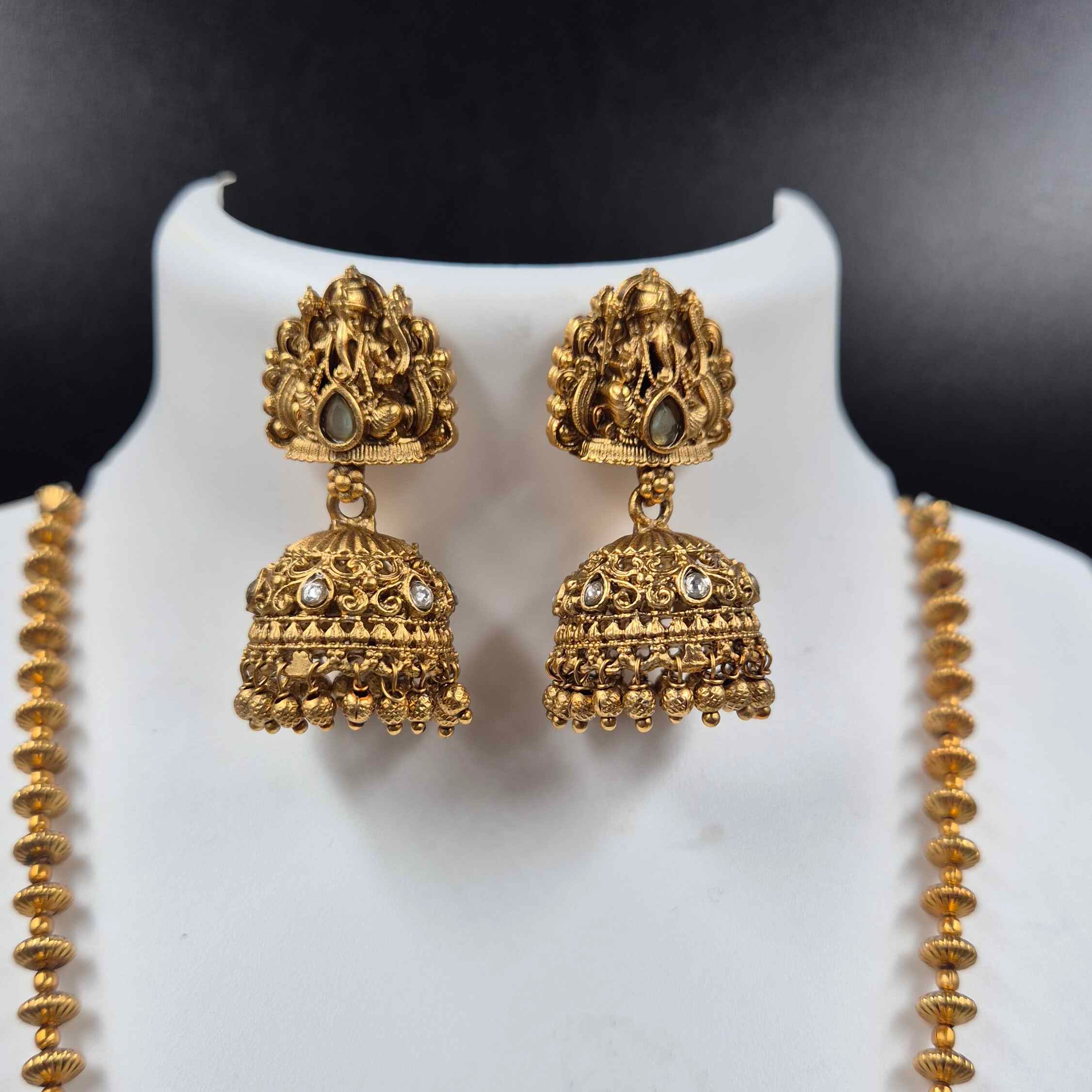 Gold Ganesha Temple Pendant Necklace Set with Jhumka Earrings | Traditional South Indian Jewelry