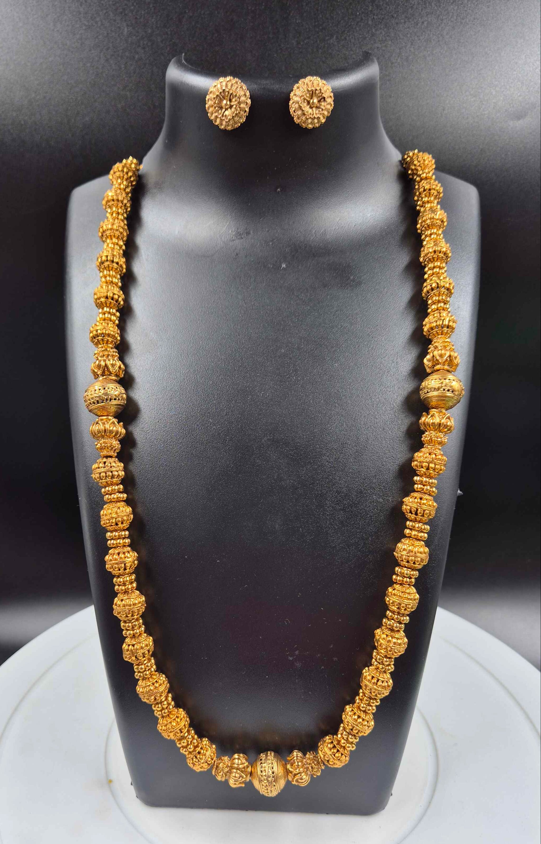 Antique Gold Beaded Long Haram Necklace Set | Traditional South Indian Bridal Jewelry with Stud Earrings