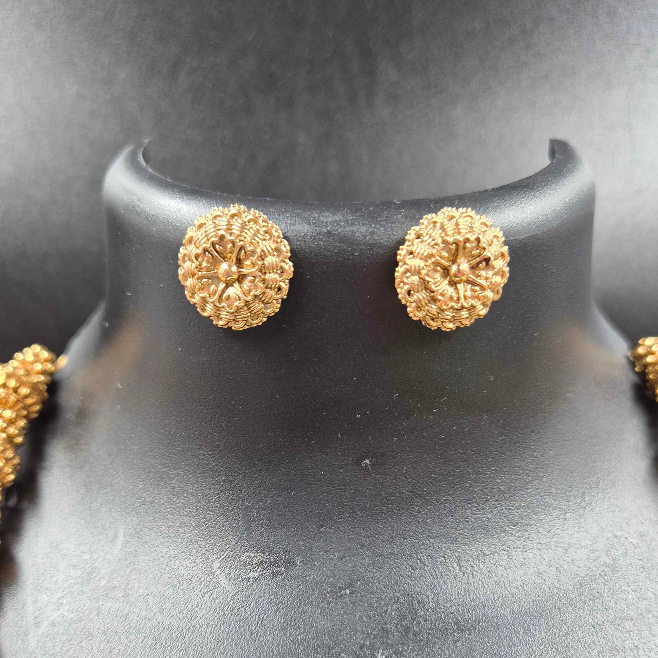 Antique Gold Beaded Long Haram Necklace Set | Traditional South Indian Bridal Jewelry with Stud Earrings