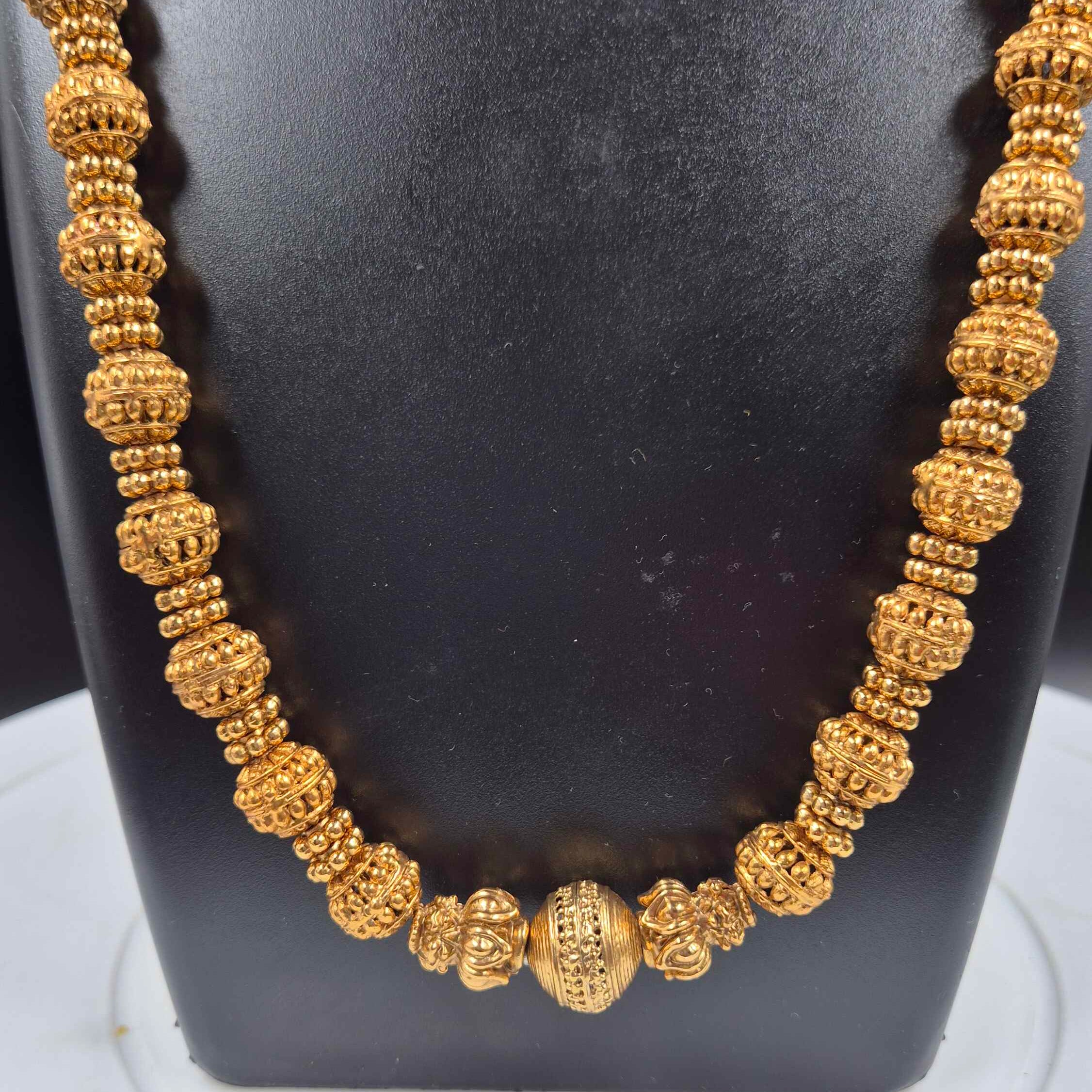 Antique Gold Beaded Long Haram Necklace Set | Traditional South Indian Bridal Jewelry with Stud Earrings