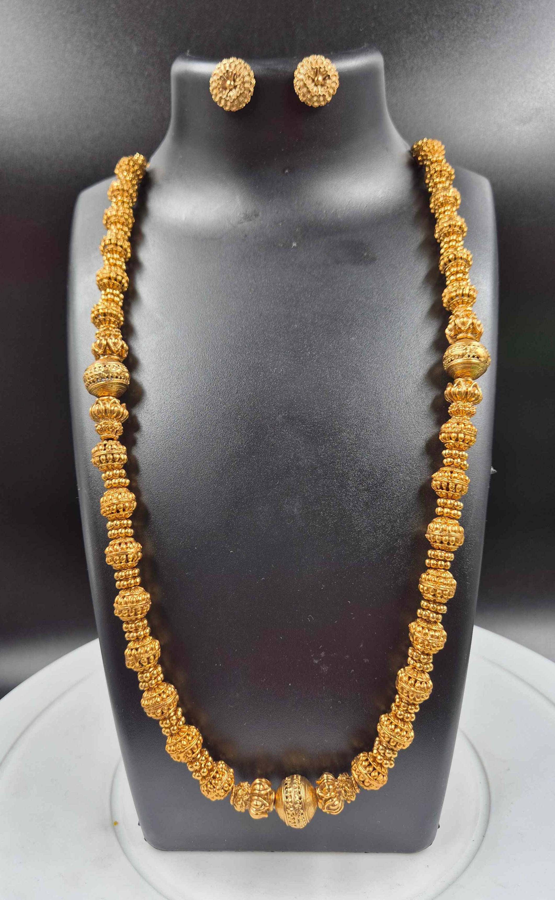 Antique Gold Beaded Long Haram Necklace Set | Traditional South Indian Bridal Jewelry with Stud Earrings