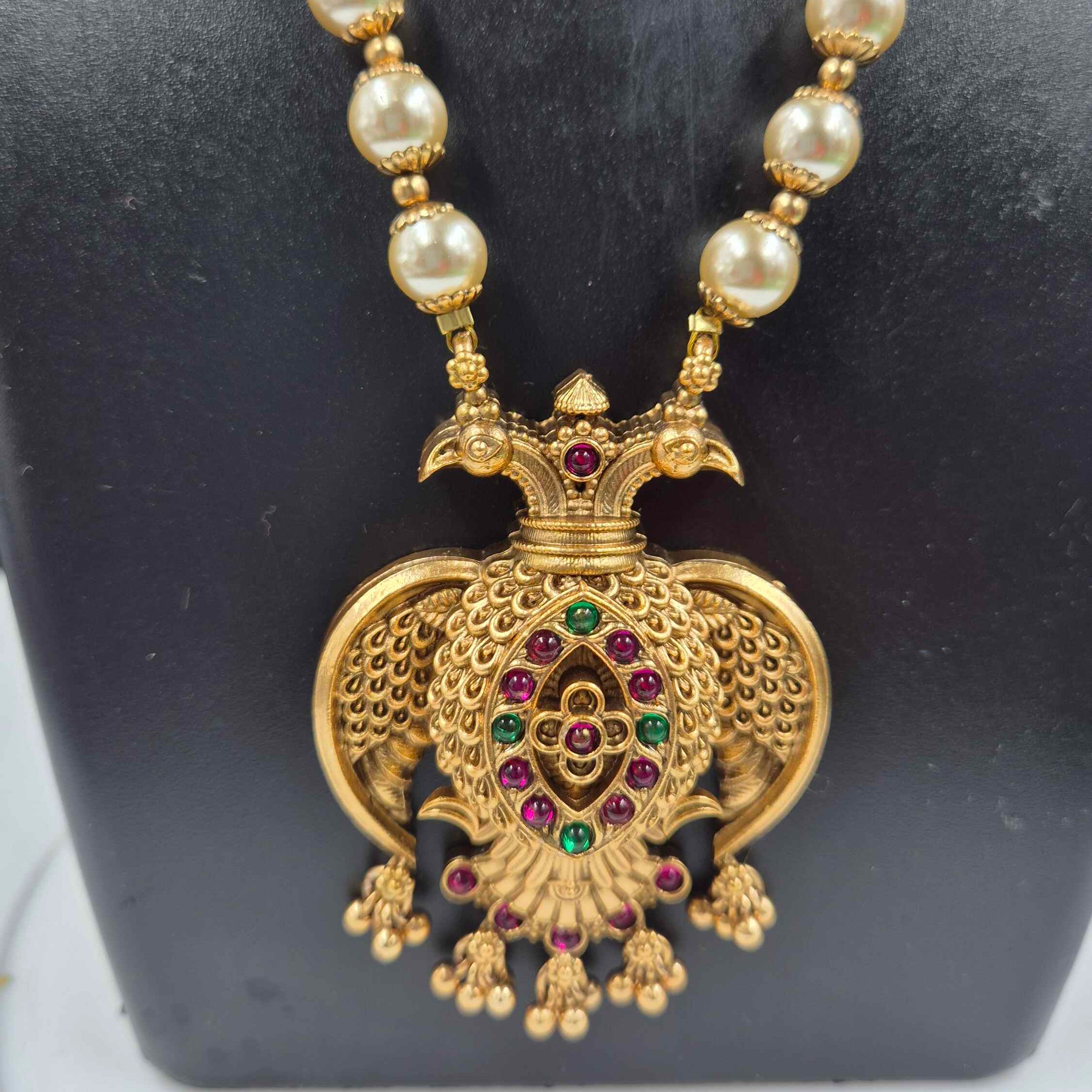 Mythological double headed Garuda pendant Pearl Necklace | Traditional South Indian Temple Jewelry for Women