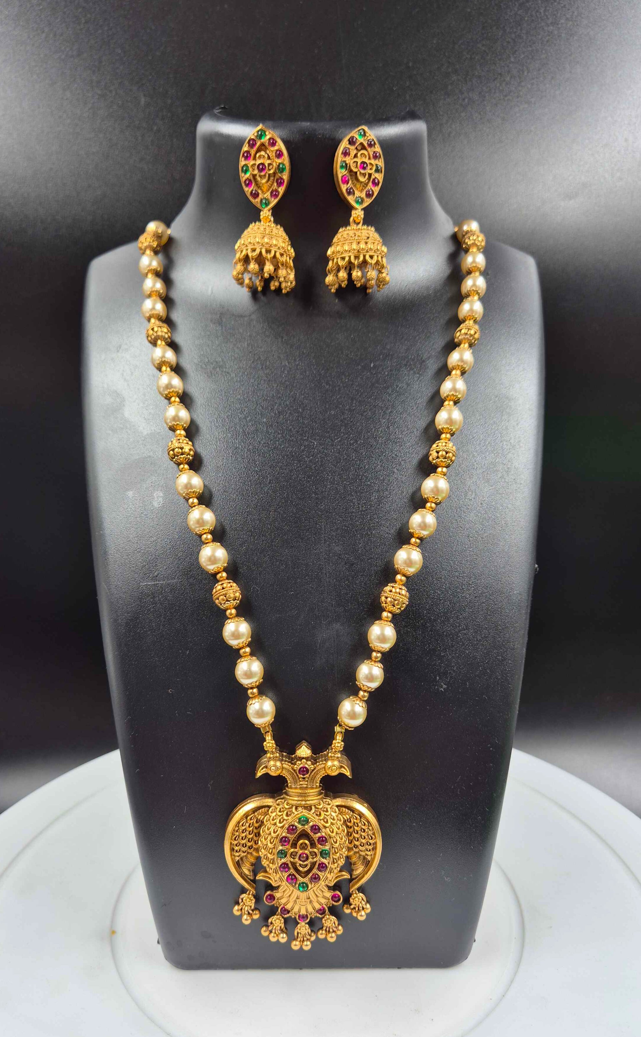 Mythological double headed Garuda pendant Pearl Necklace | Traditional South Indian Temple Jewelry for Women