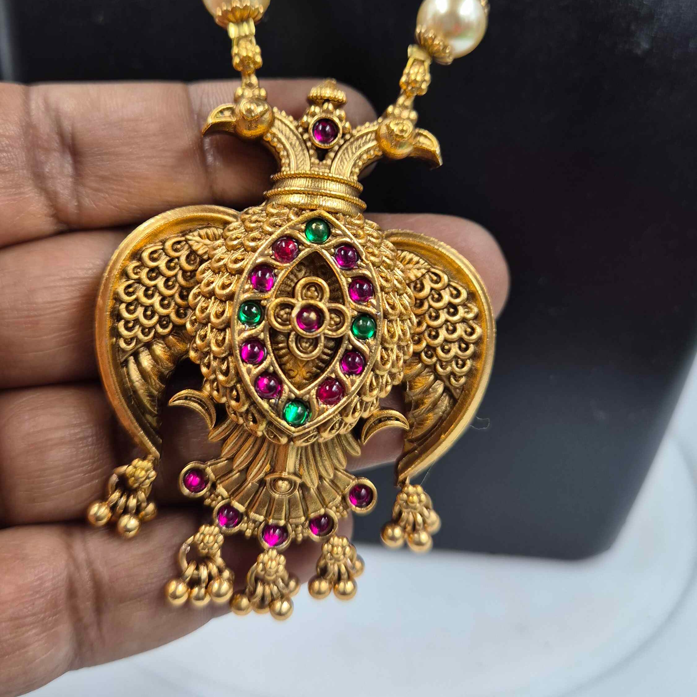 Mythological double headed Garuda pendant Pearl Necklace | Traditional South Indian Temple Jewelry for Women