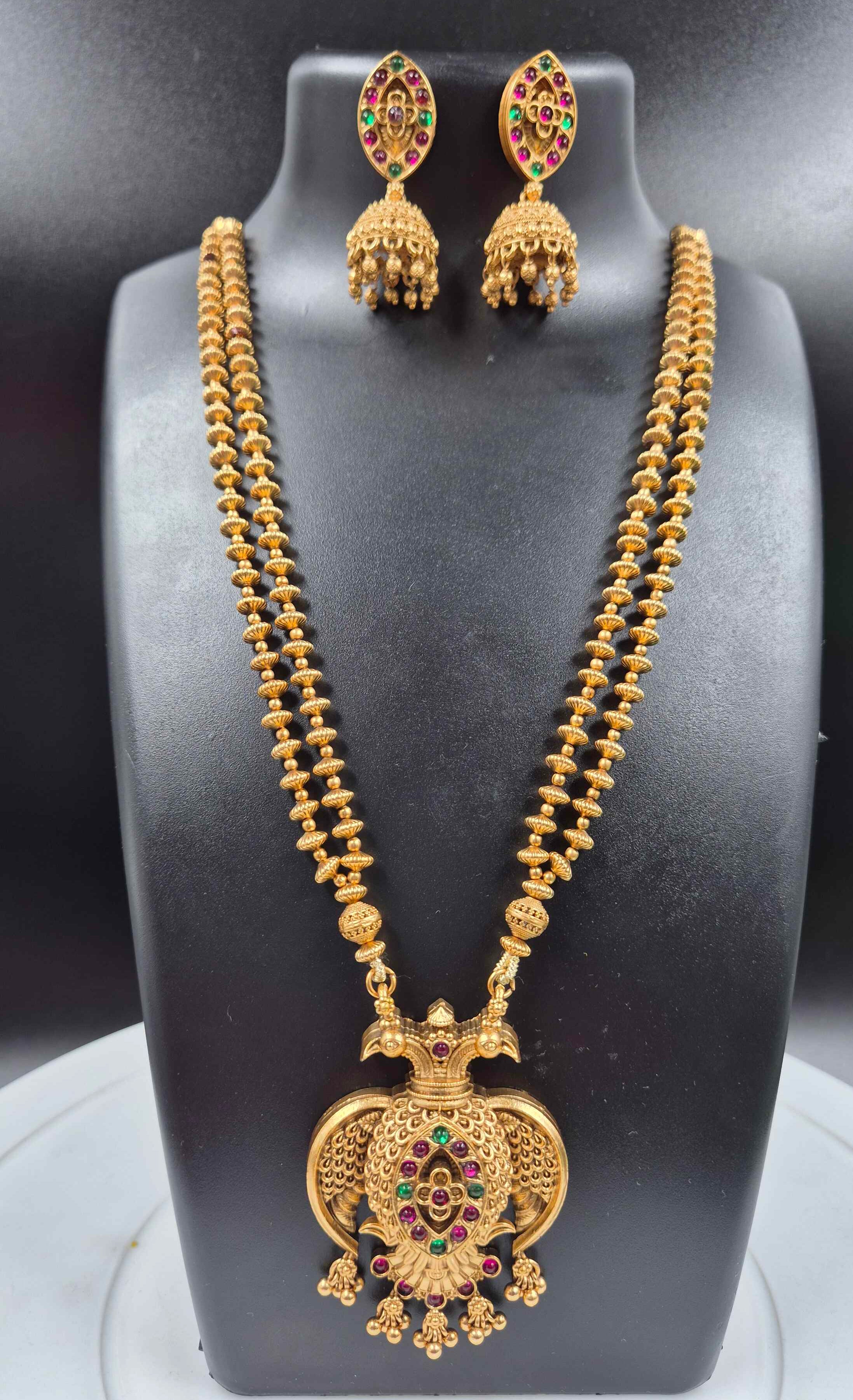 Double headed Garuda pendant in double stranded ball chain Pendant Pearl Necklace | Traditional South Indian Temple Jewelry for Women