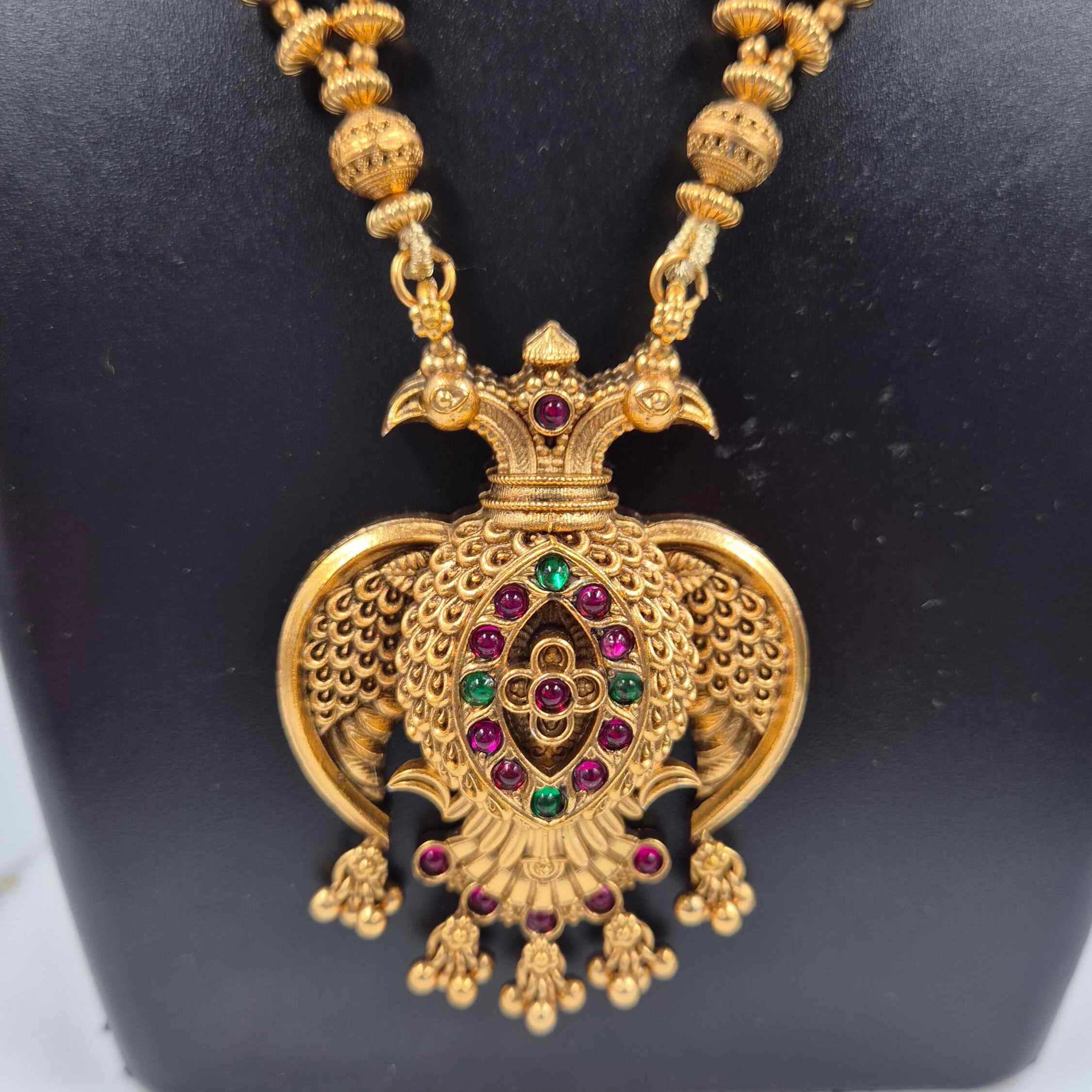 Double headed Garuda pendant in double stranded ball chain Pendant Pearl Necklace | Traditional South Indian Temple Jewelry for Women