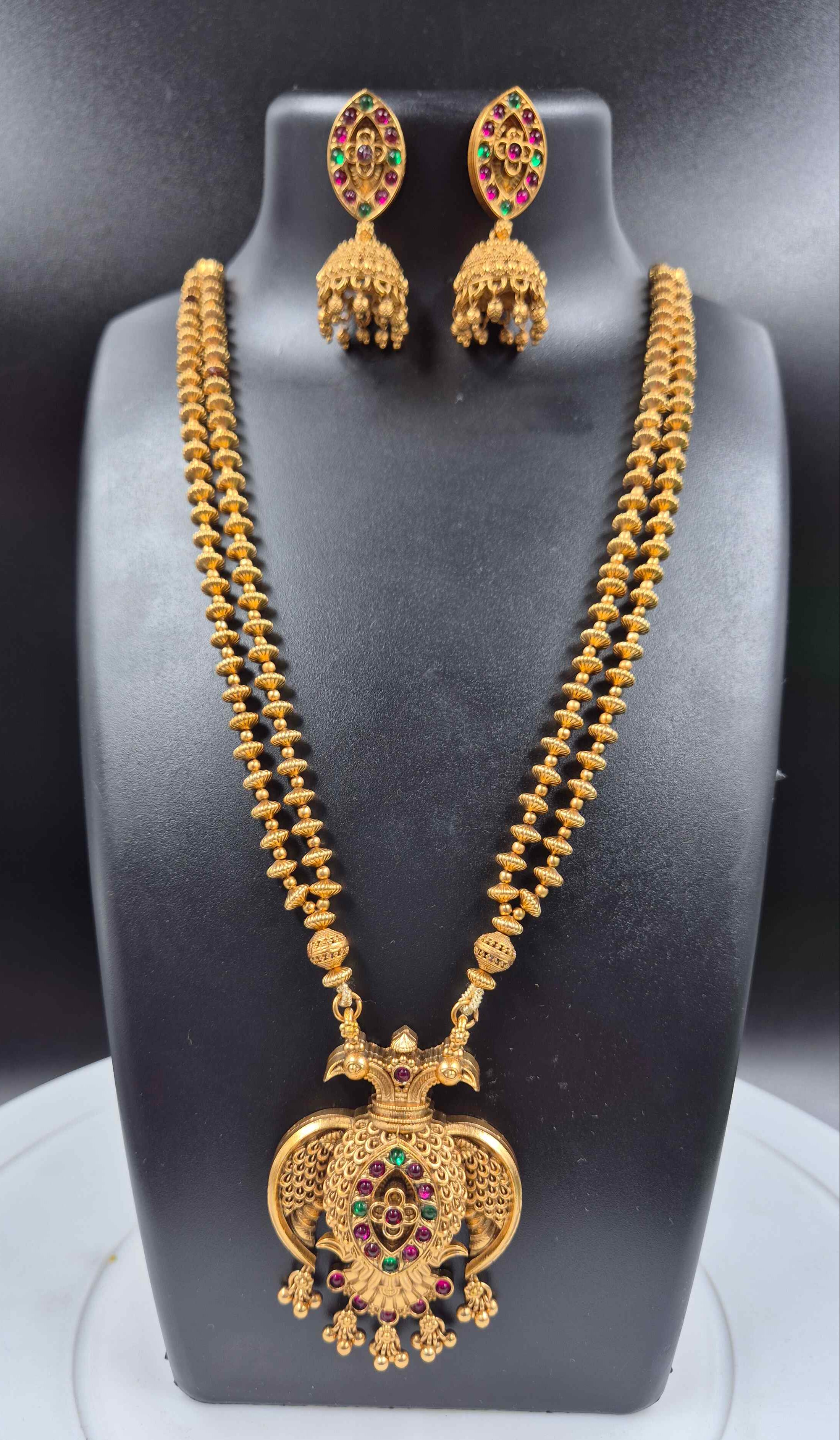 Double headed Garuda pendant in double stranded ball chain Pendant Pearl Necklace | Traditional South Indian Temple Jewelry for Women