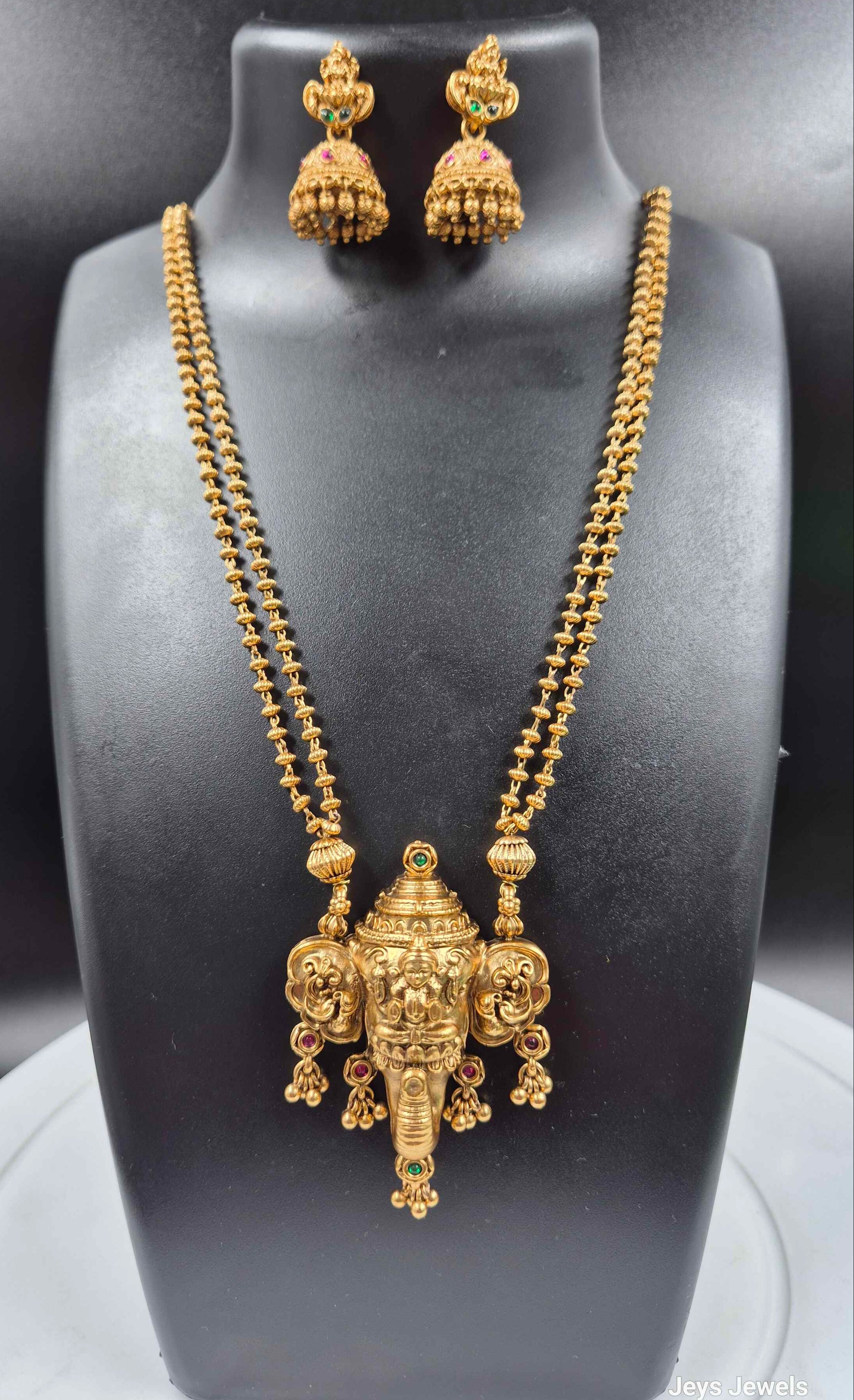 Antique Gold Ganesha Trunk Pendant Necklace Set | Traditional Temple Jewelry with Jhumka Earrings