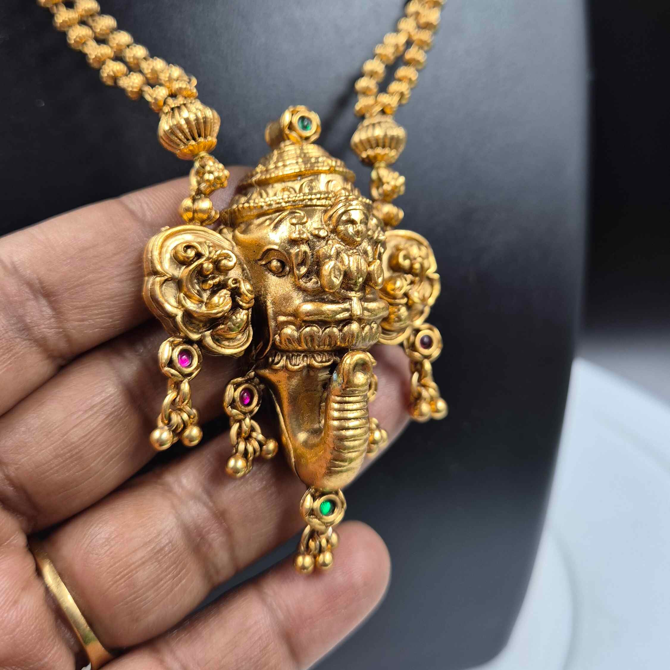 Antique Gold Ganesha Trunk Pendant Necklace Set | Traditional Temple Jewelry with Jhumka Earrings