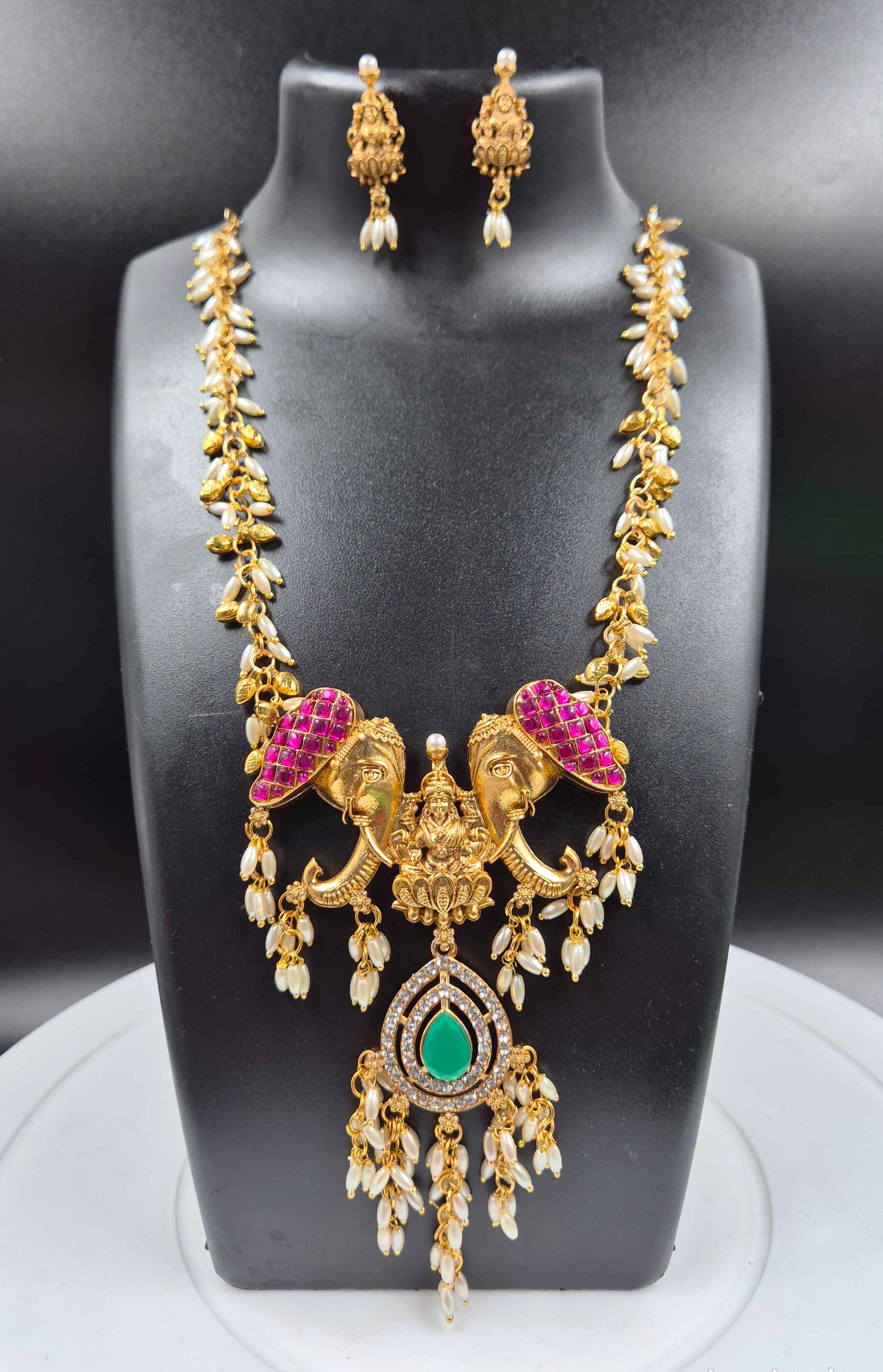 Best Seller Lakshmi Elephant Temple Necklace Set | Antique Gold Bridal Jewelry with Pearl Drops