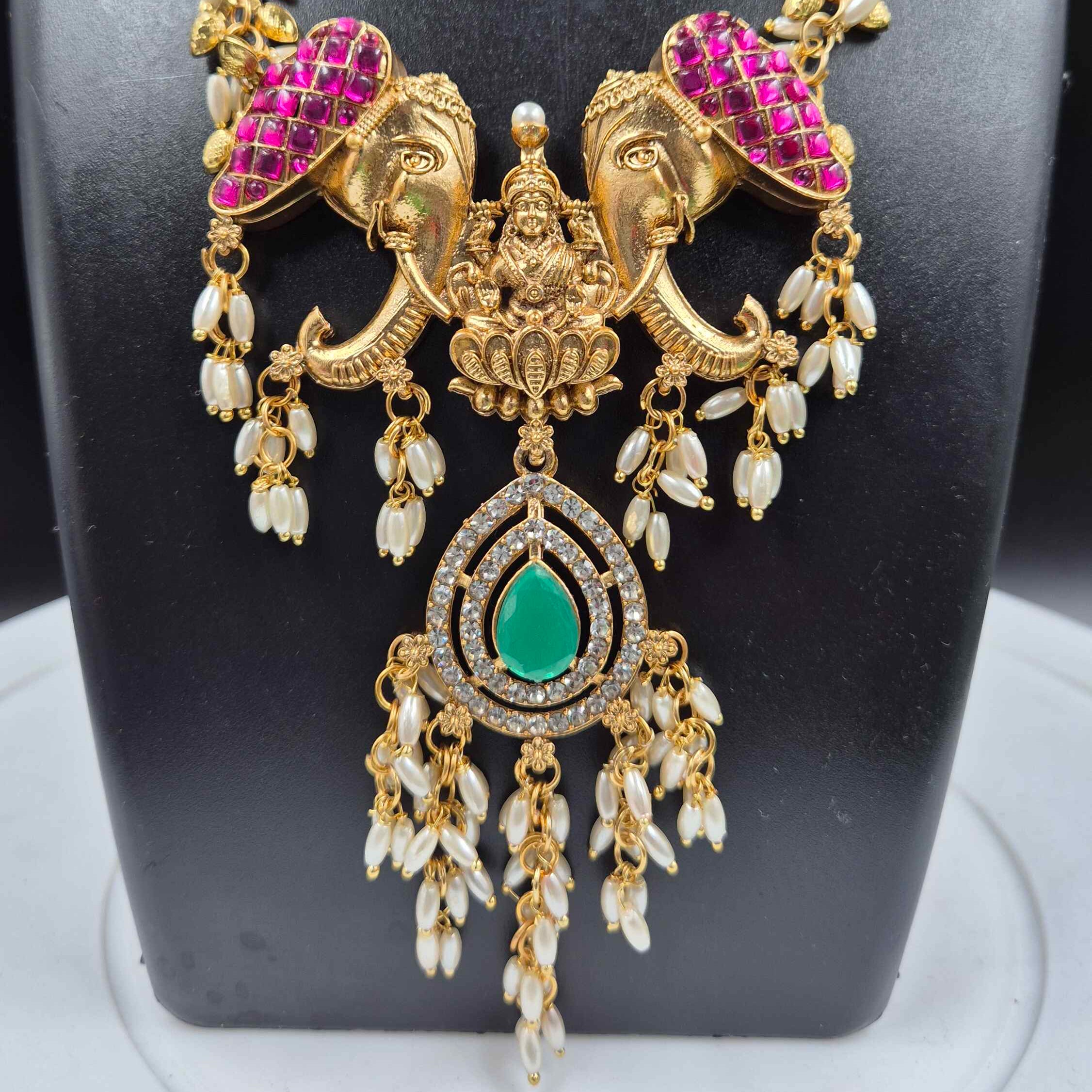 Best Seller Lakshmi Elephant Temple Necklace Set | Antique Gold Bridal Jewelry with Pearl Drops