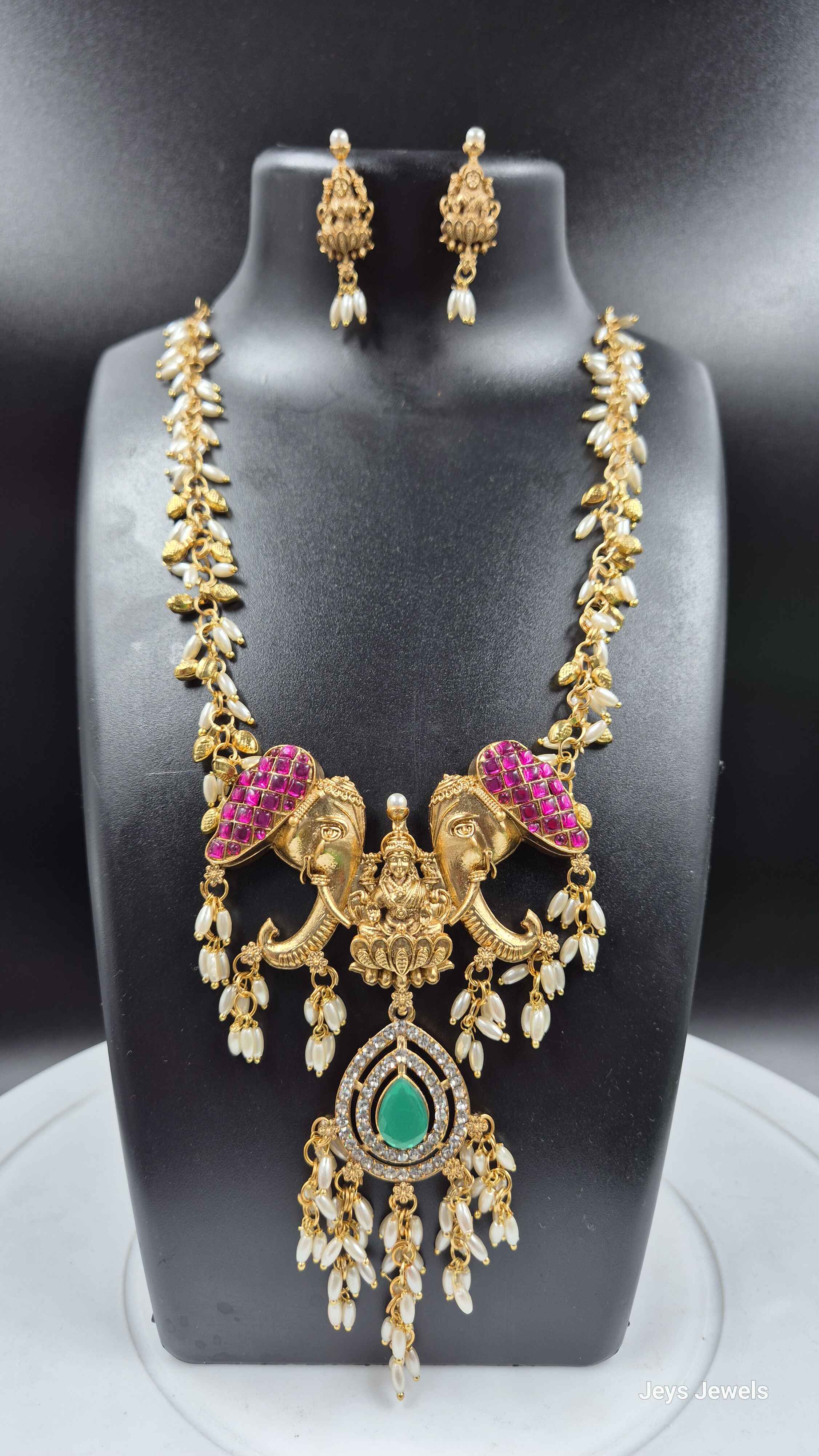 Best Seller Lakshmi Elephant Temple Necklace Set | Antique Gold Bridal Jewelry with Pearl Drops