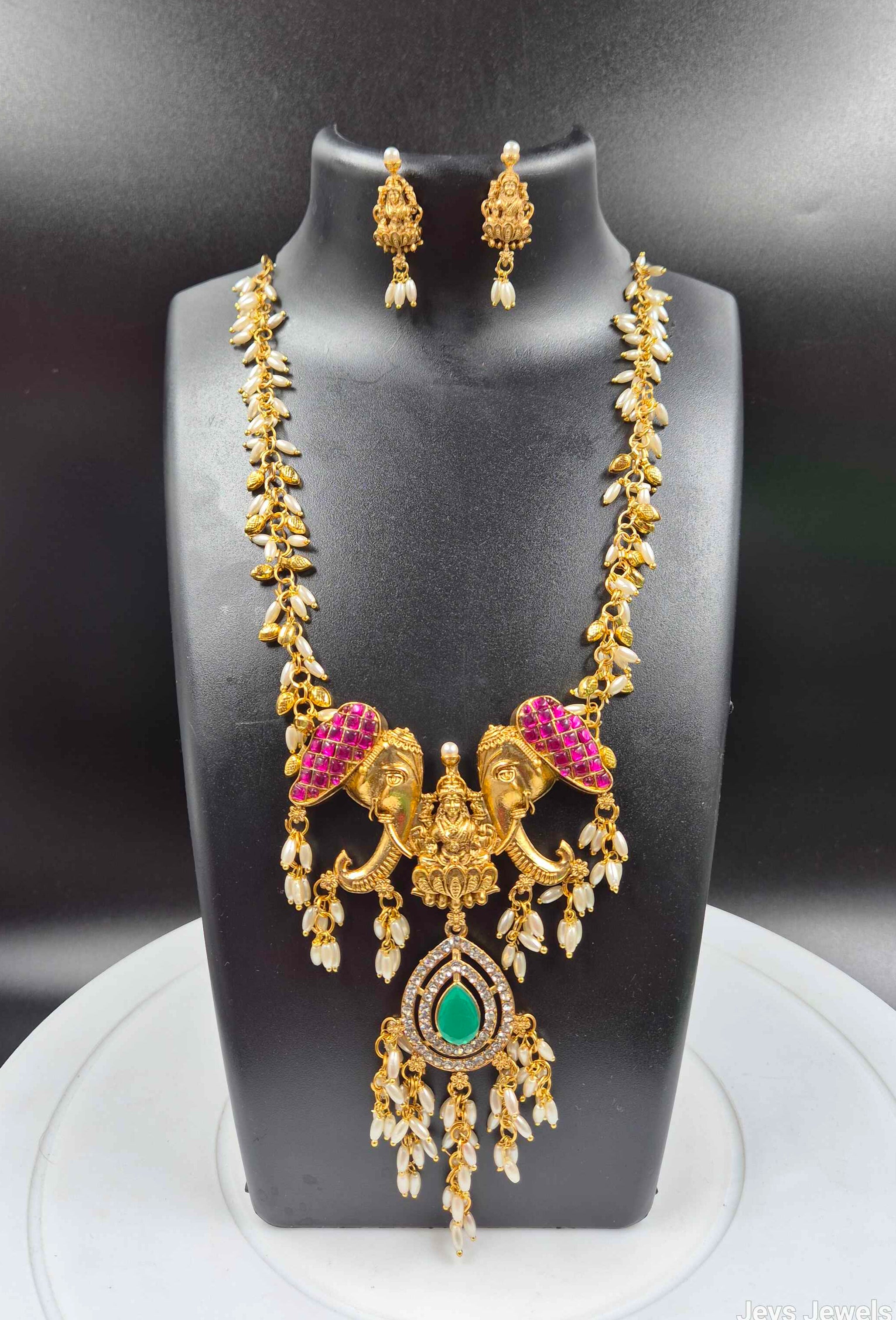 Best Seller Lakshmi Elephant Temple Necklace Set | Antique Gold Bridal Jewelry with Pearl Drops