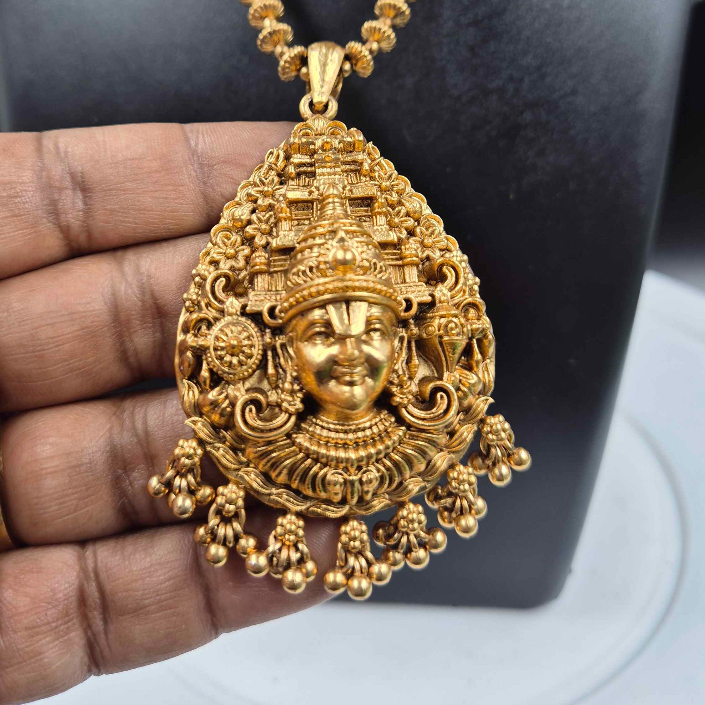 Antique Gold Balaji Temple Pendant Necklace Set | Lord Venkateswara Jewelry with Jhumka Earrings