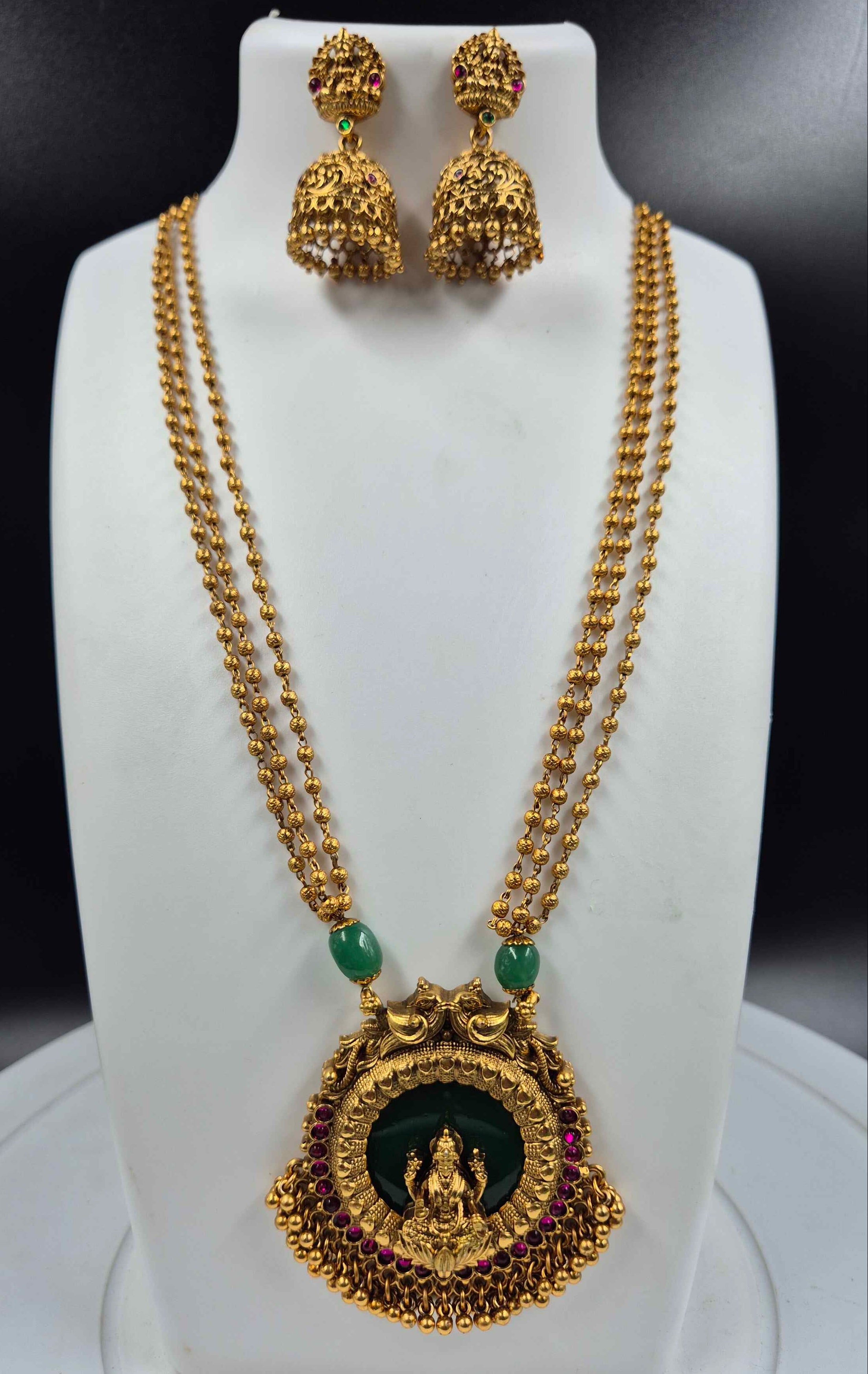 Kerala Lakshmi Temple Pendant Necklace Set | Antique Gold Traditional Jewelry with Jhumka Earrings