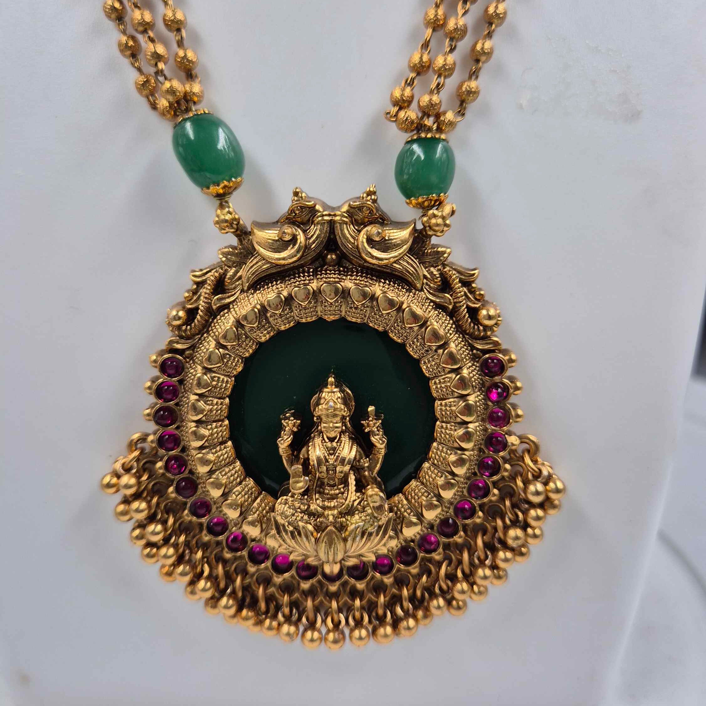 Kerala Lakshmi Temple Pendant Necklace Set | Antique Gold Traditional Jewelry with Jhumka Earrings