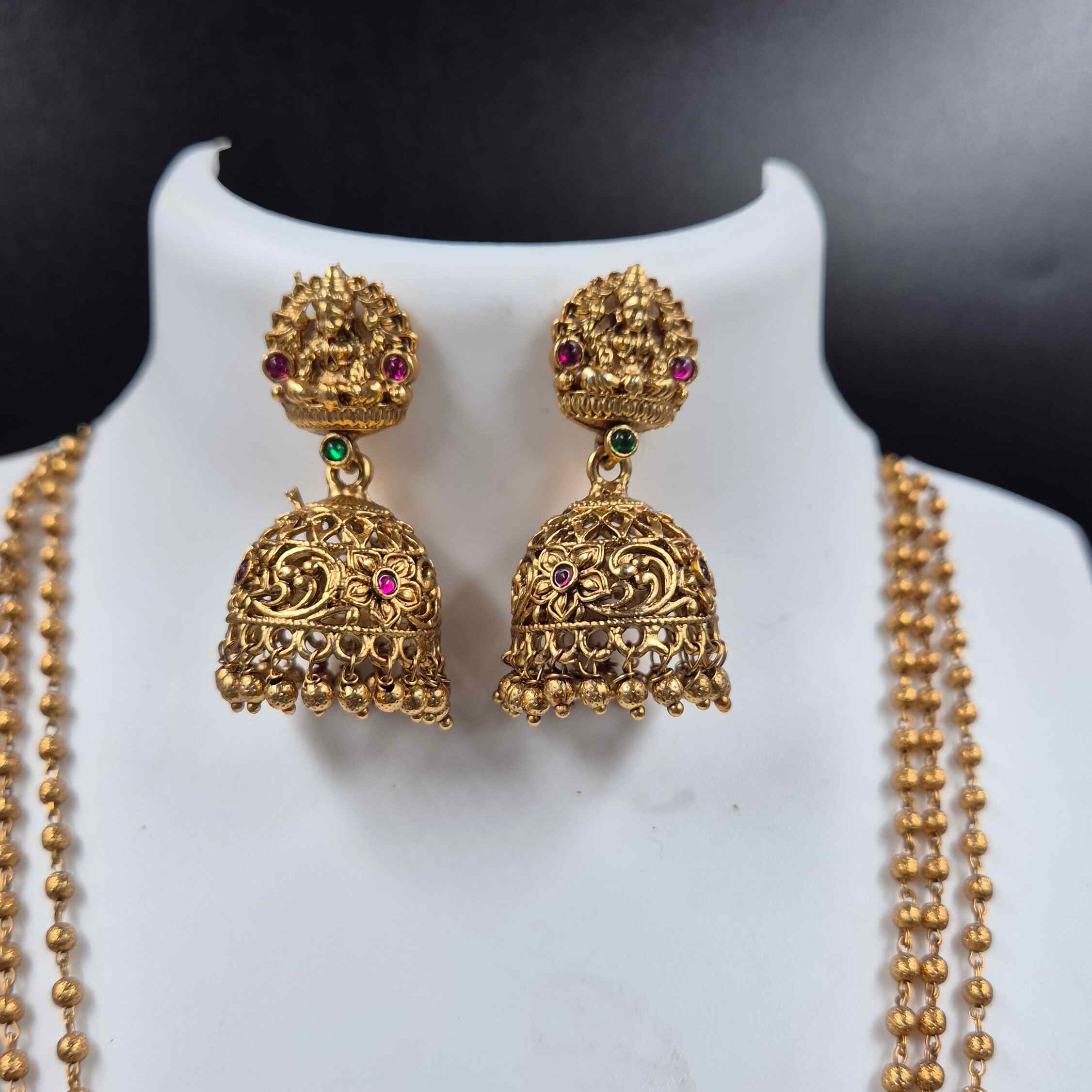 Kerala Lakshmi Temple Pendant Necklace Set | Antique Gold Traditional Jewelry with Jhumka Earrings