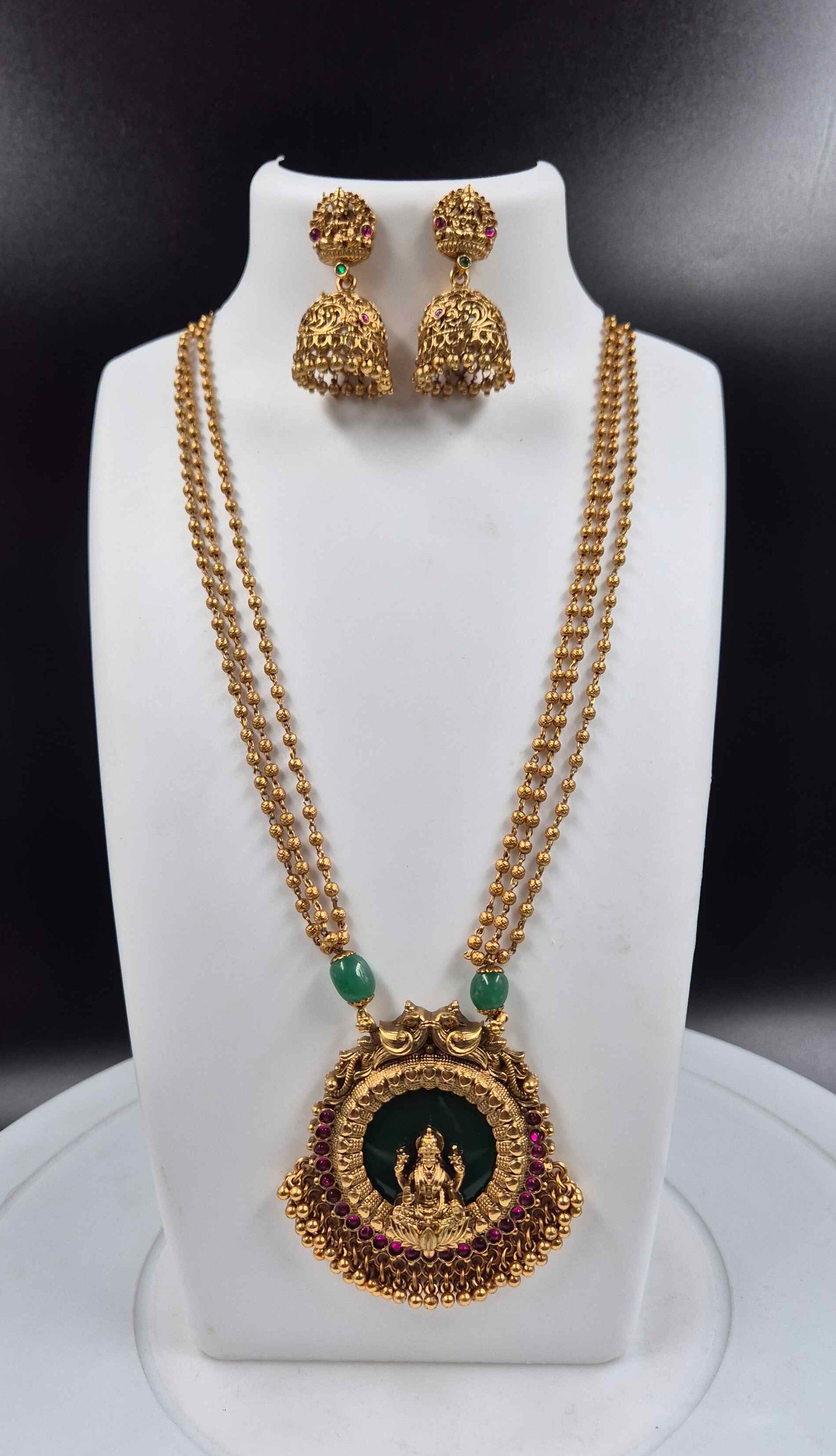 Kerala Lakshmi Temple Pendant Necklace Set | Antique Gold Traditional Jewelry with Jhumka Earrings