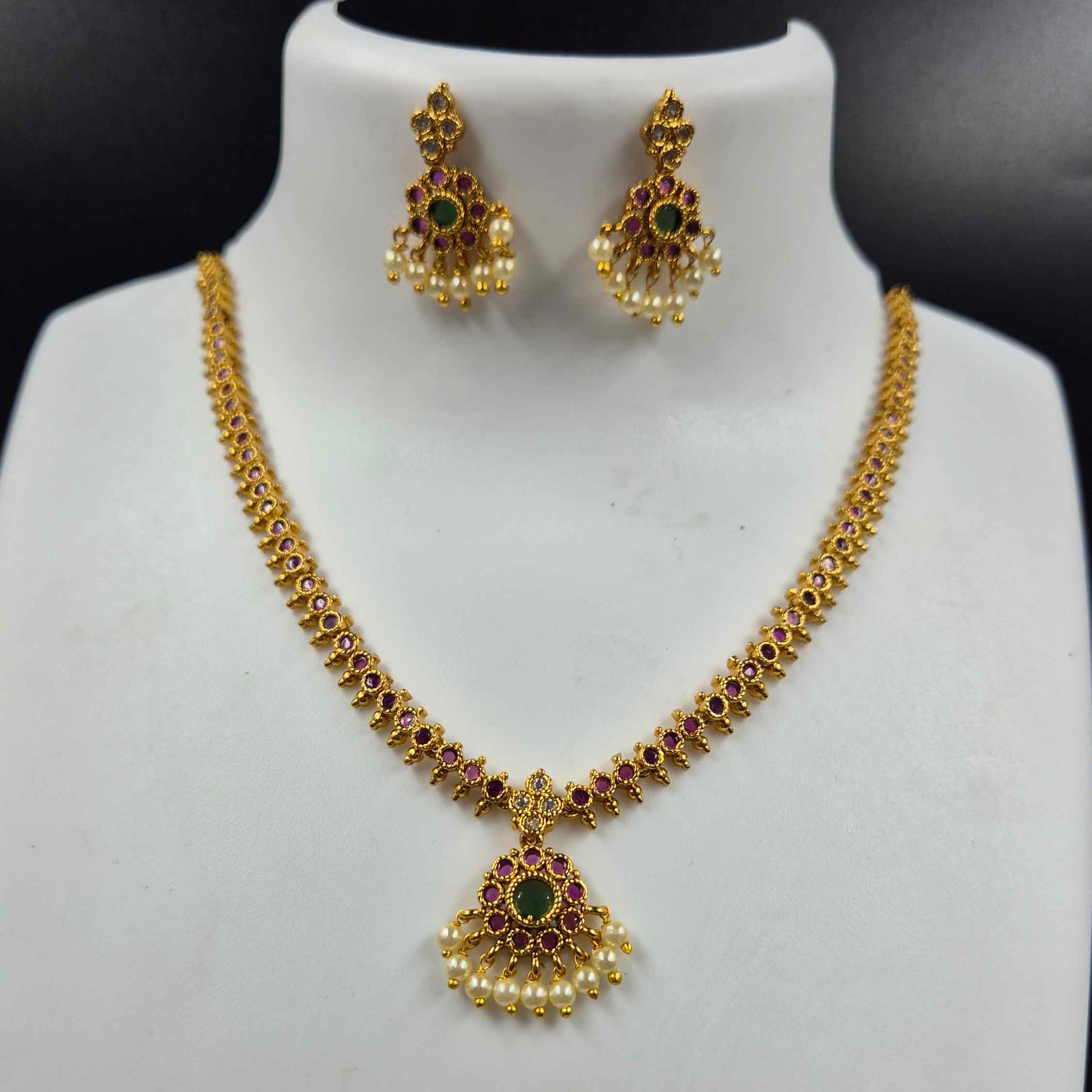Antique Gold Ruby attigai Necklace Set with Pearl Drops | Traditional South Indian Jewelry
