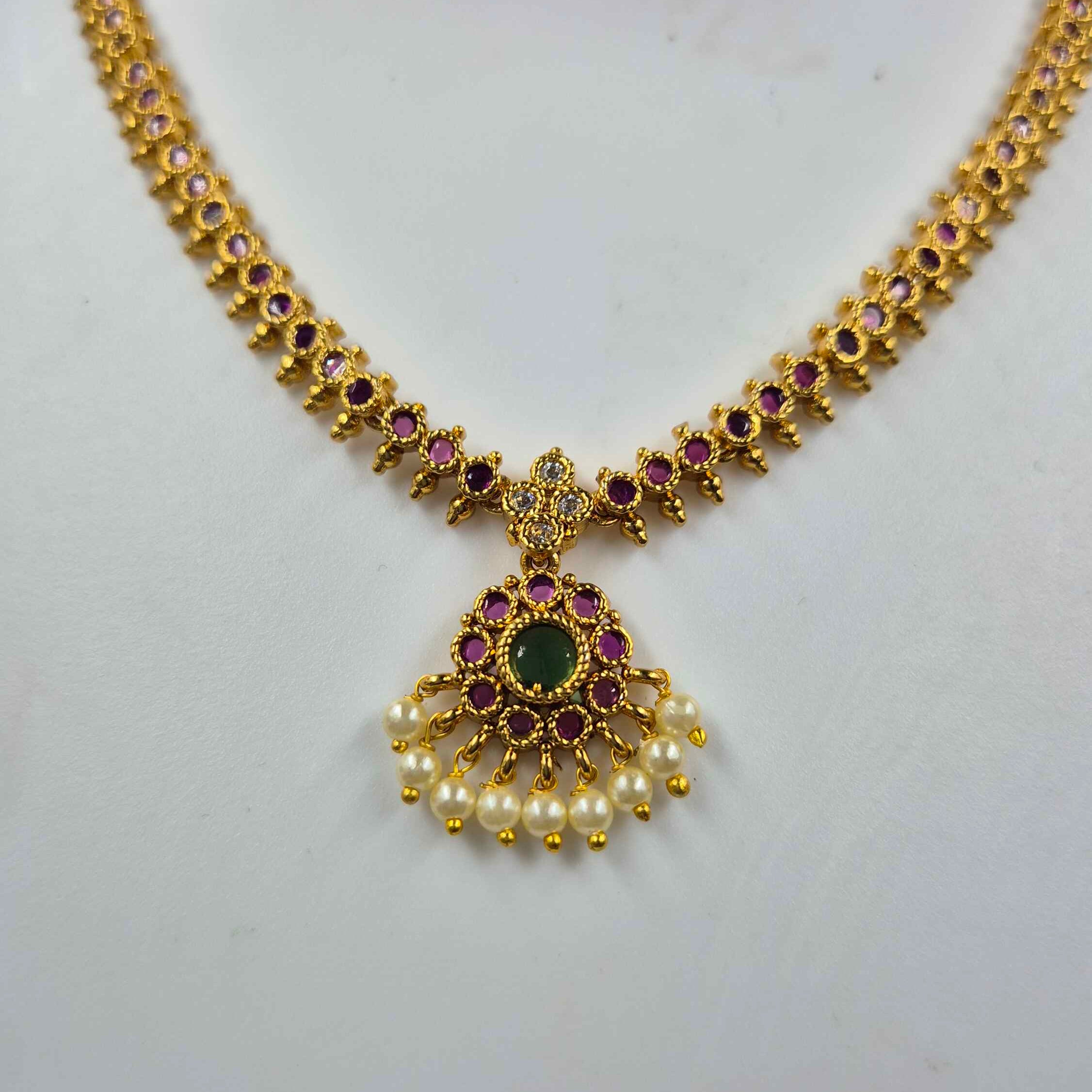 Antique Gold Ruby attigai Necklace Set with Pearl Drops | Traditional South Indian Jewelry