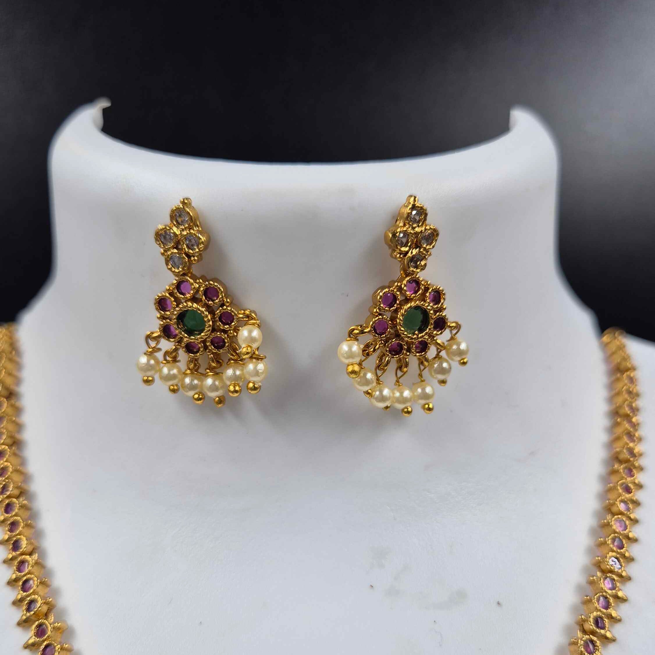 Antique Gold Ruby attigai Necklace Set with Pearl Drops | Traditional South Indian Jewelry