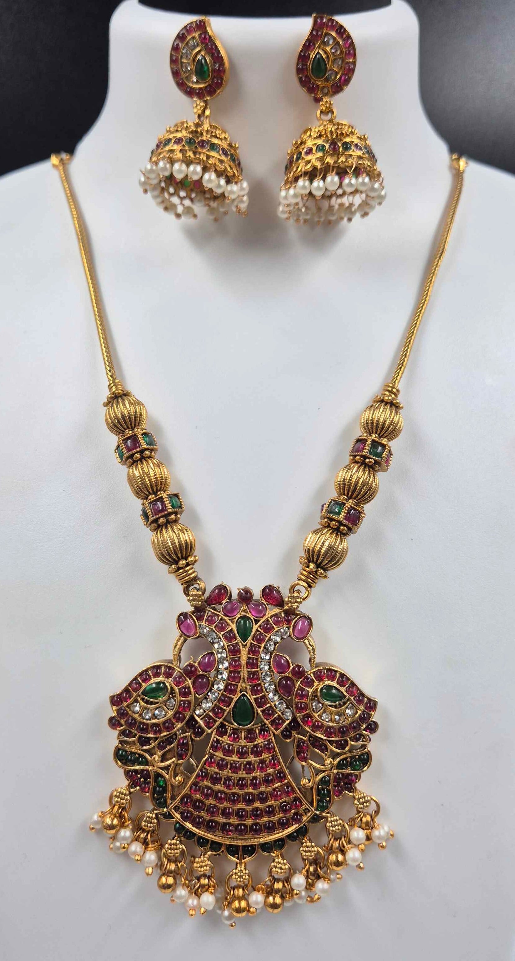 Antique Gold Mythological Garuda Pendant Necklace Set | Ruby & Emerald Temple Jewelry with Pearl Jhumkas