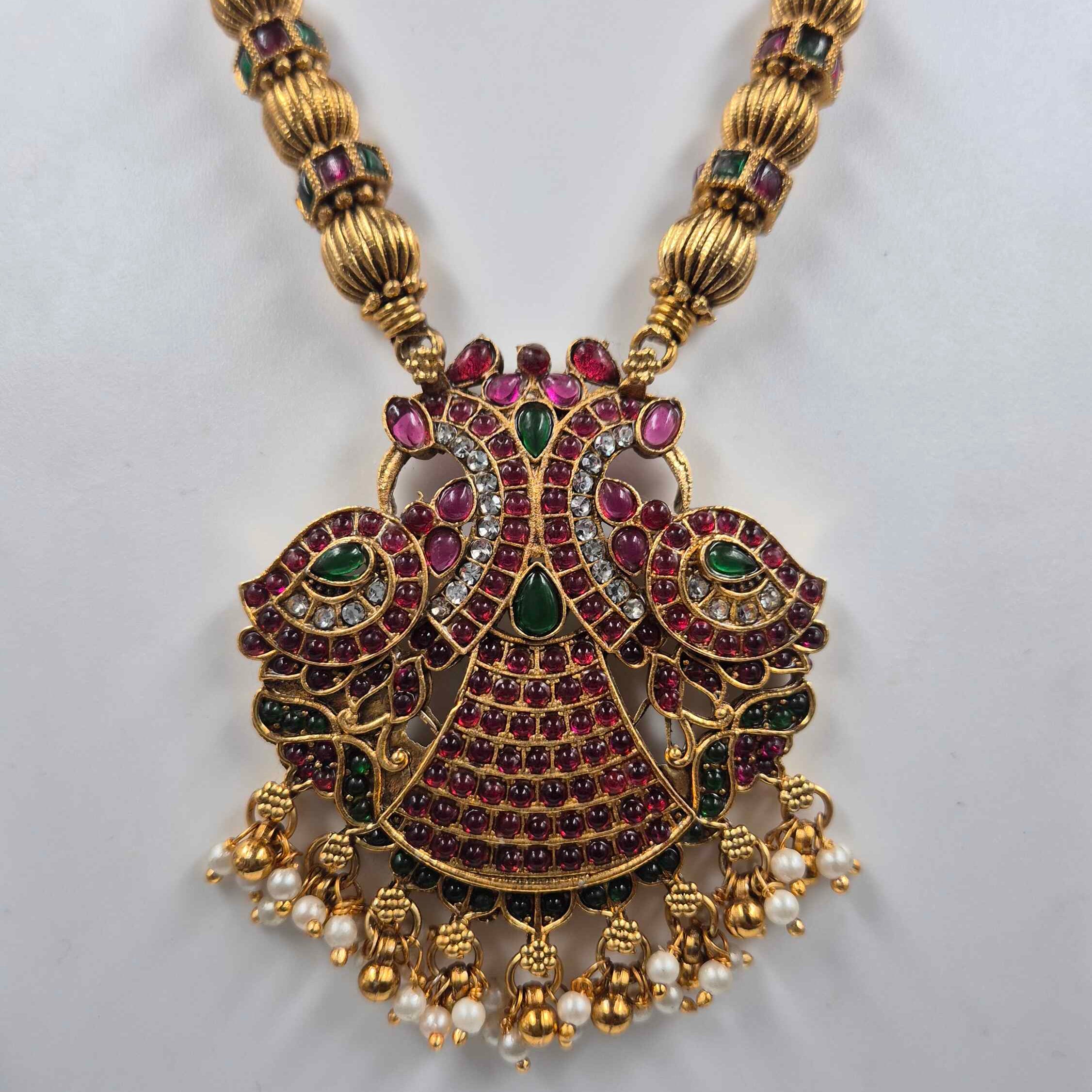 Antique Gold Mythological Garuda Pendant Necklace Set | Ruby & Emerald Temple Jewelry with Pearl Jhumkas