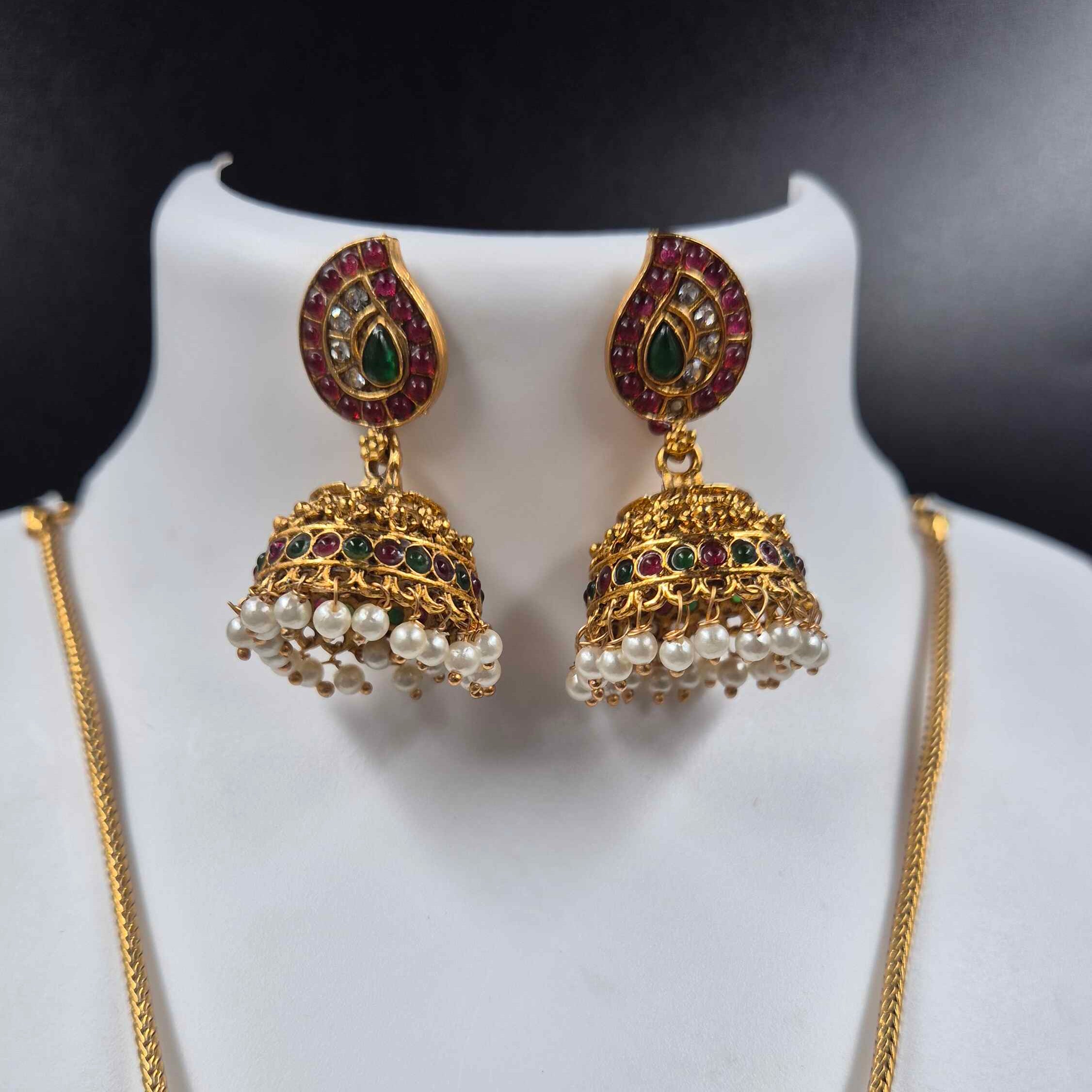 Antique Gold Mythological Garuda Pendant Necklace Set | Ruby & Emerald Temple Jewelry with Pearl Jhumkas