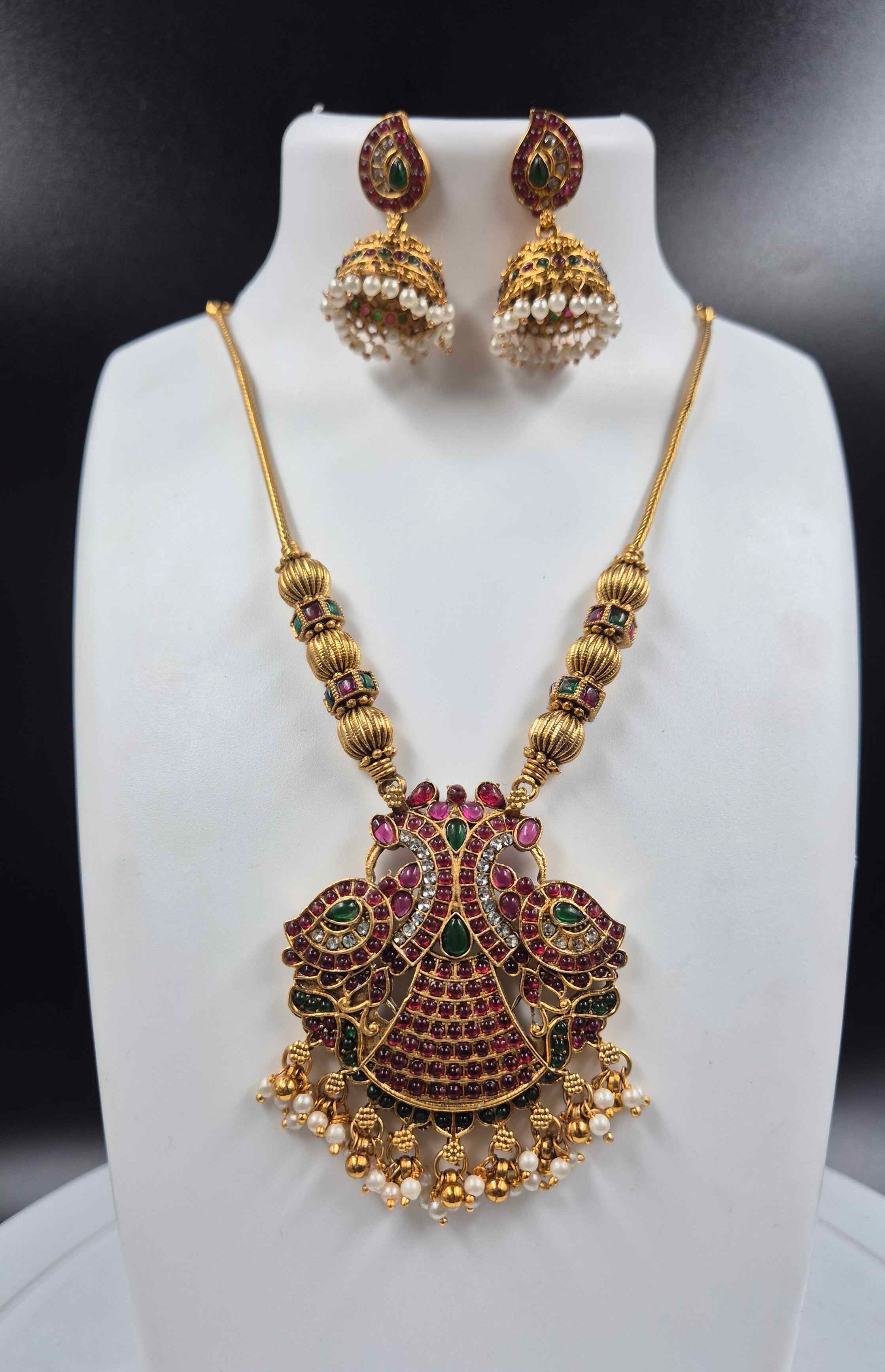 Antique Gold Mythological Garuda Pendant Necklace Set | Ruby & Emerald Temple Jewelry with Pearl Jhumkas