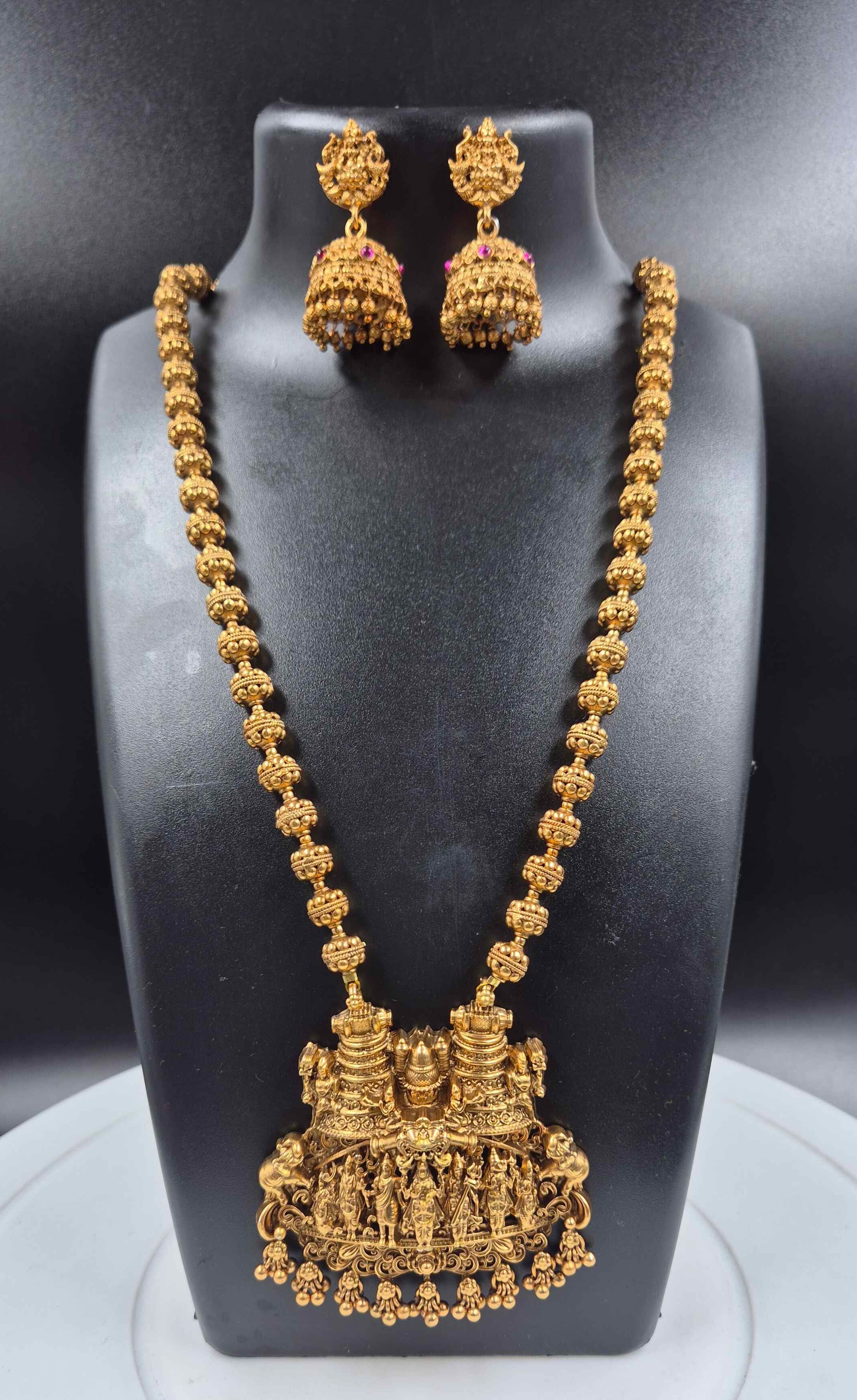 Antique Gold Dasavatharam Pendant Necklace Set | Lord Vishnu Temple Jewelry with Jhumka Earrings