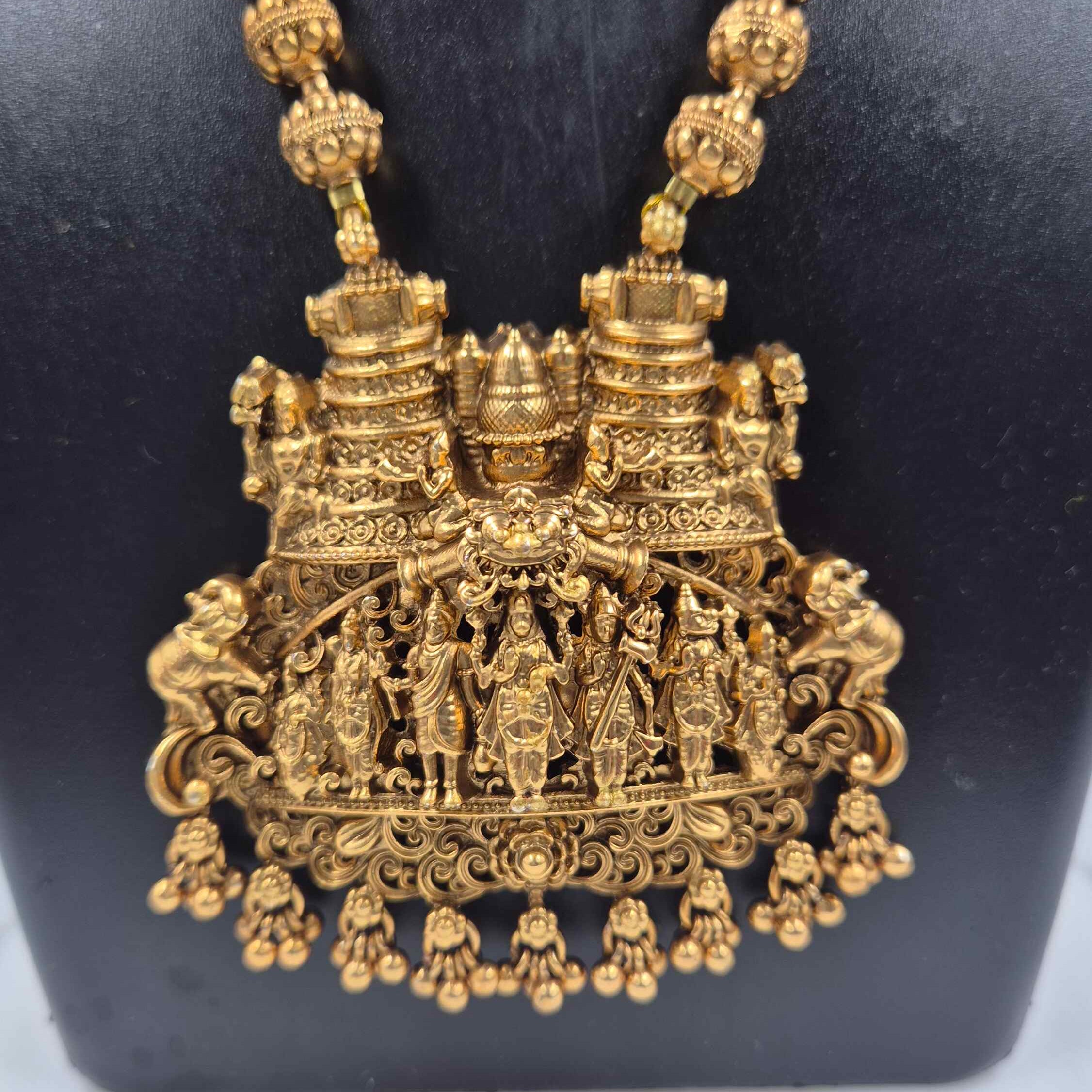 Antique Gold Dasavatharam Pendant Necklace Set | Lord Vishnu Temple Jewelry with Jhumka Earrings