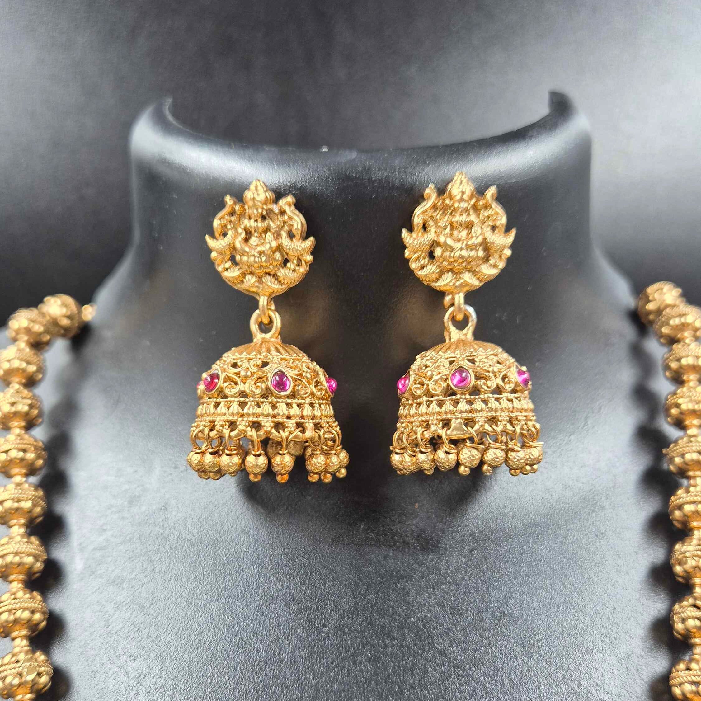 Antique Gold Dasavatharam Pendant Necklace Set | Lord Vishnu Temple Jewelry with Jhumka Earrings