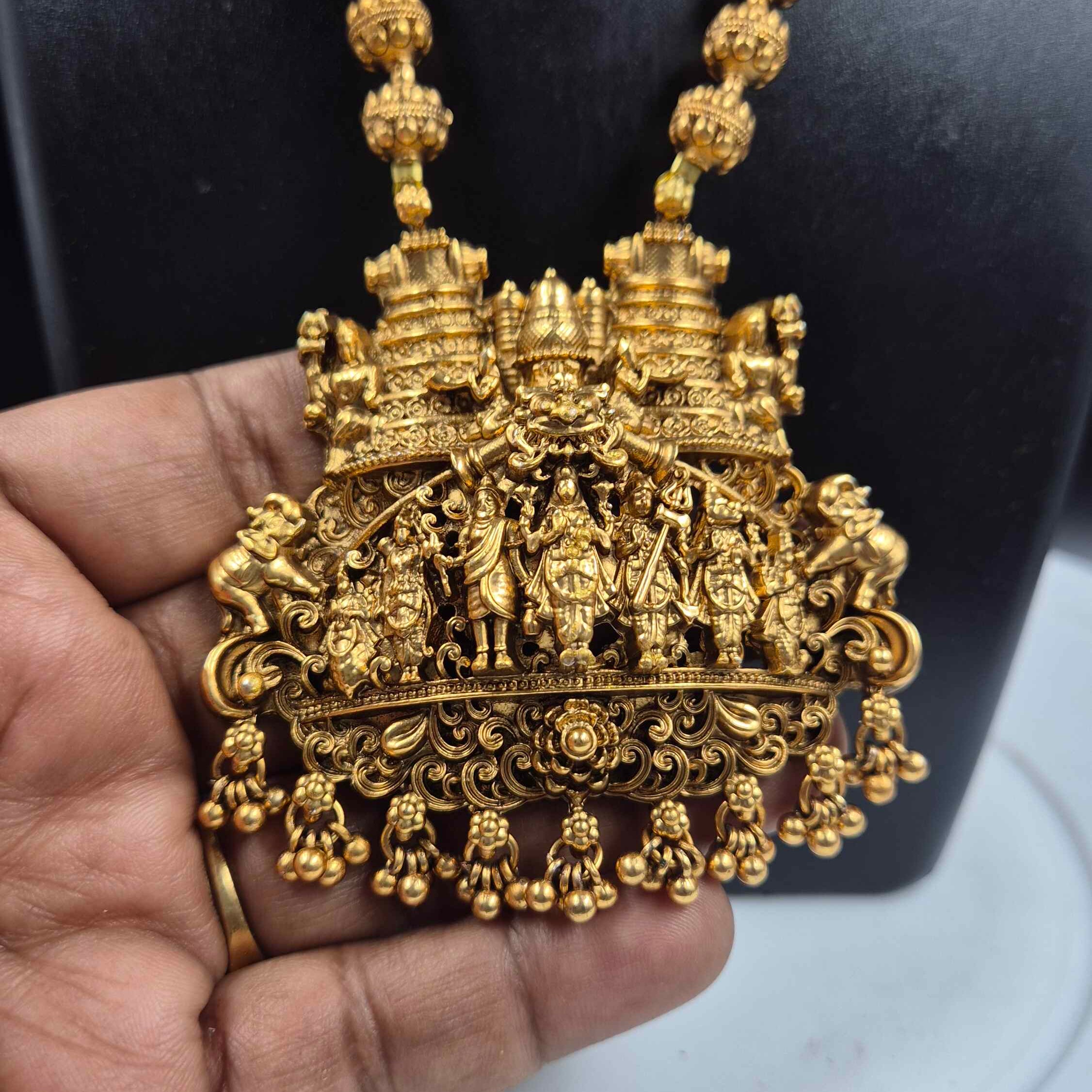 Antique Gold Dasavatharam Pendant Necklace Set | Lord Vishnu Temple Jewelry with Jhumka Earrings