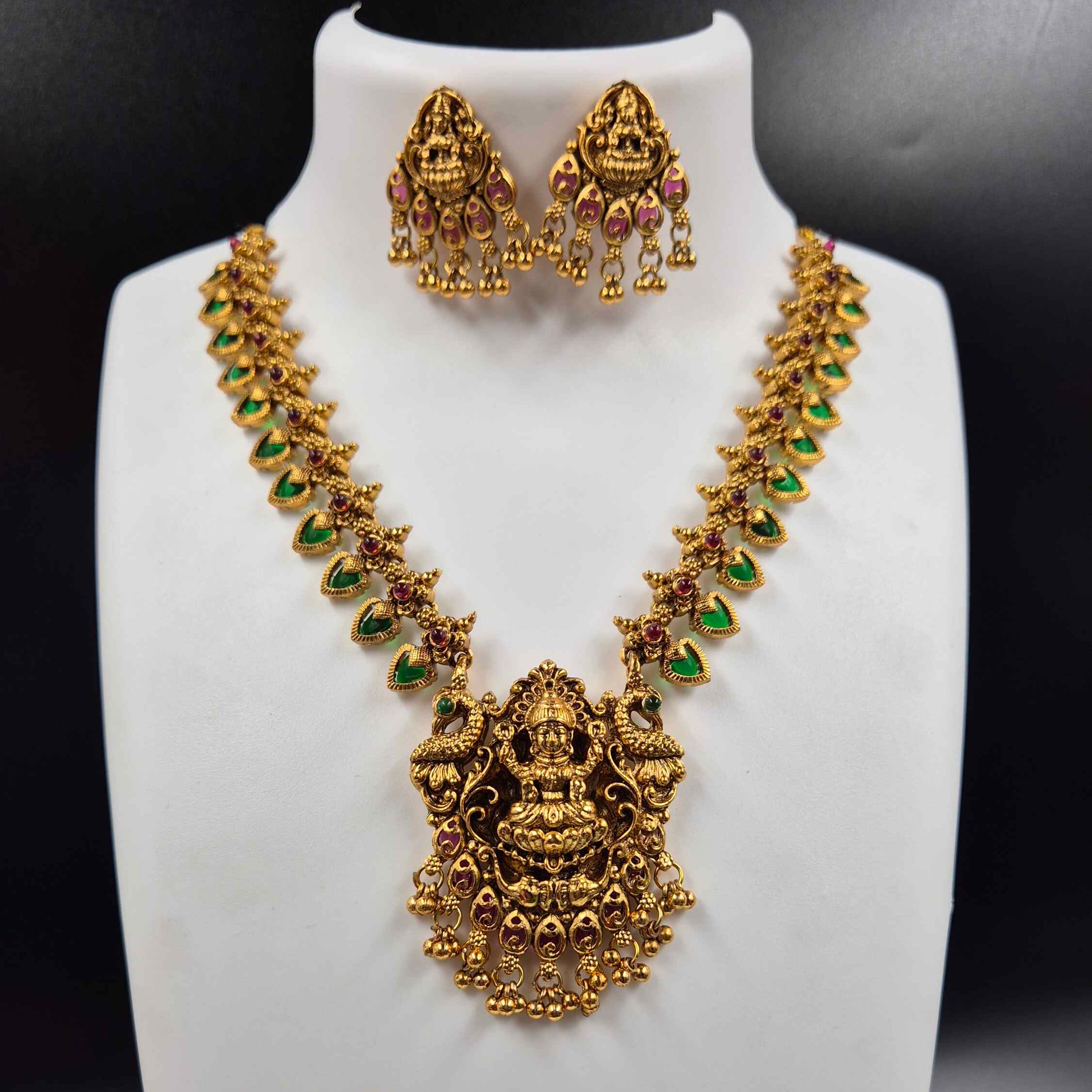 Kerala Lakshmi Peacock Necklace Set | Antique Gold Temple Jewelry with Green & Ruby Stones