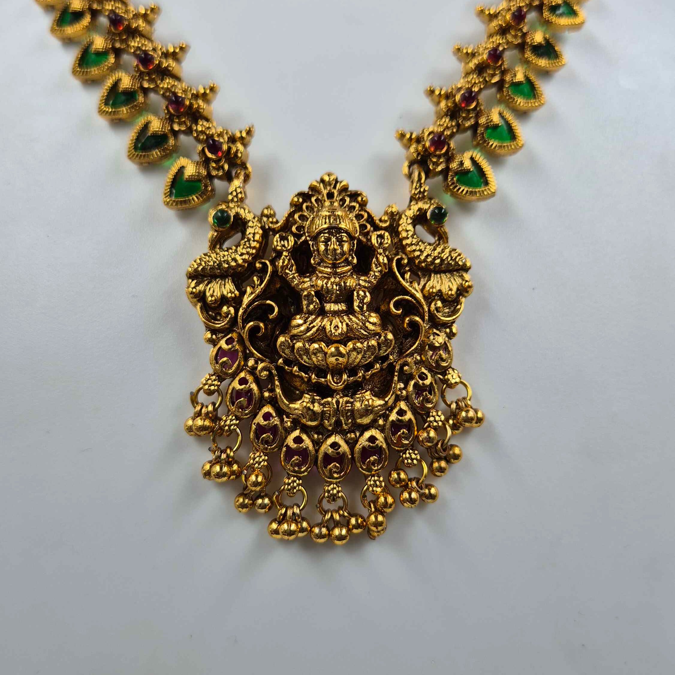Kerala Lakshmi Peacock Necklace Set | Antique Gold Temple Jewelry with Green & Ruby Stones