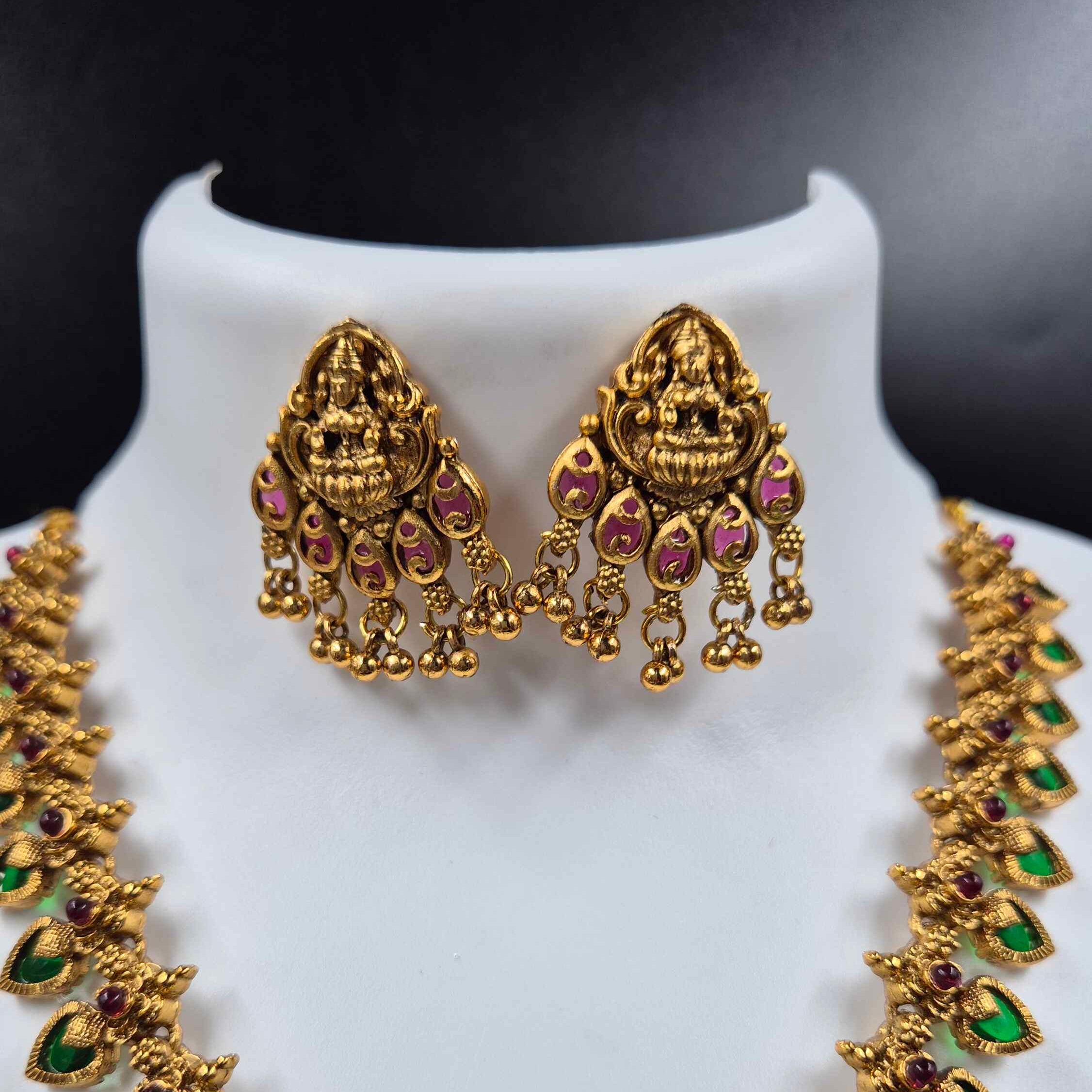 Kerala Lakshmi Peacock Necklace Set | Antique Gold Temple Jewelry with Green & Ruby Stones