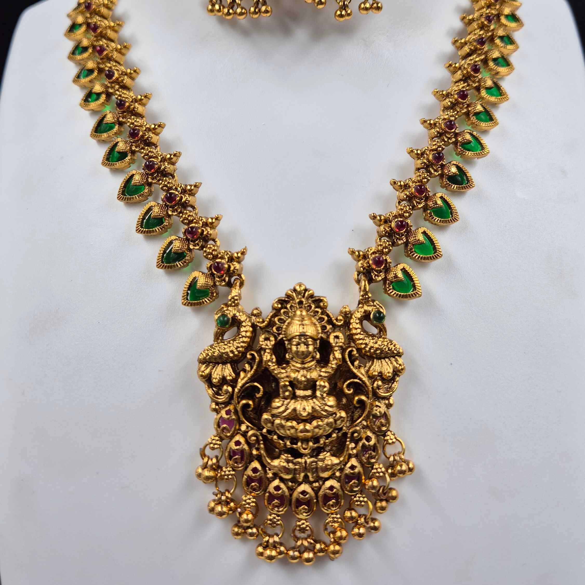 Kerala Lakshmi Peacock Necklace Set | Antique Gold Temple Jewelry with Green & Ruby Stones