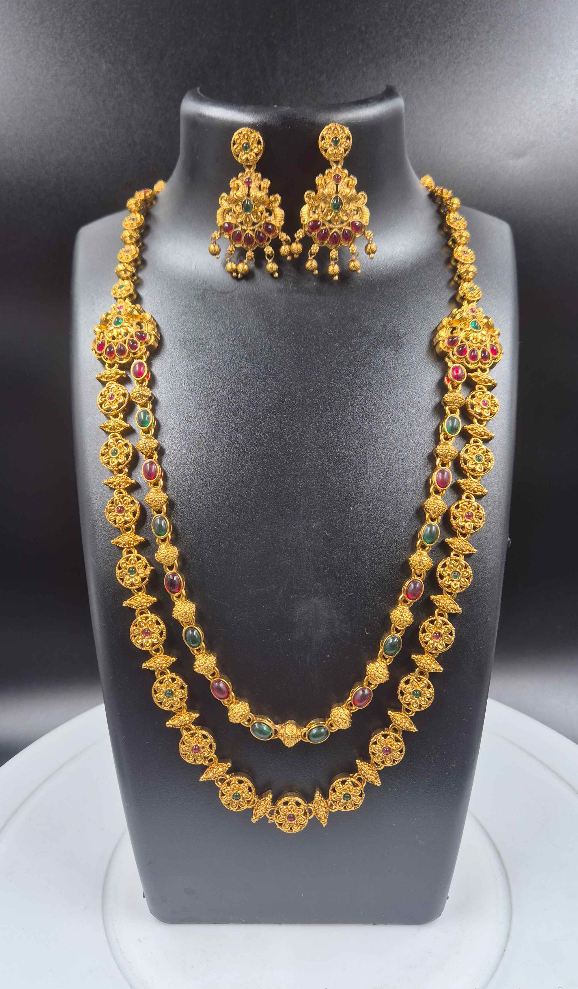 Antique Gold Dual Layer Temple Necklace Set | Ruby & Emerald Stone South Indian Bridal Jewelry