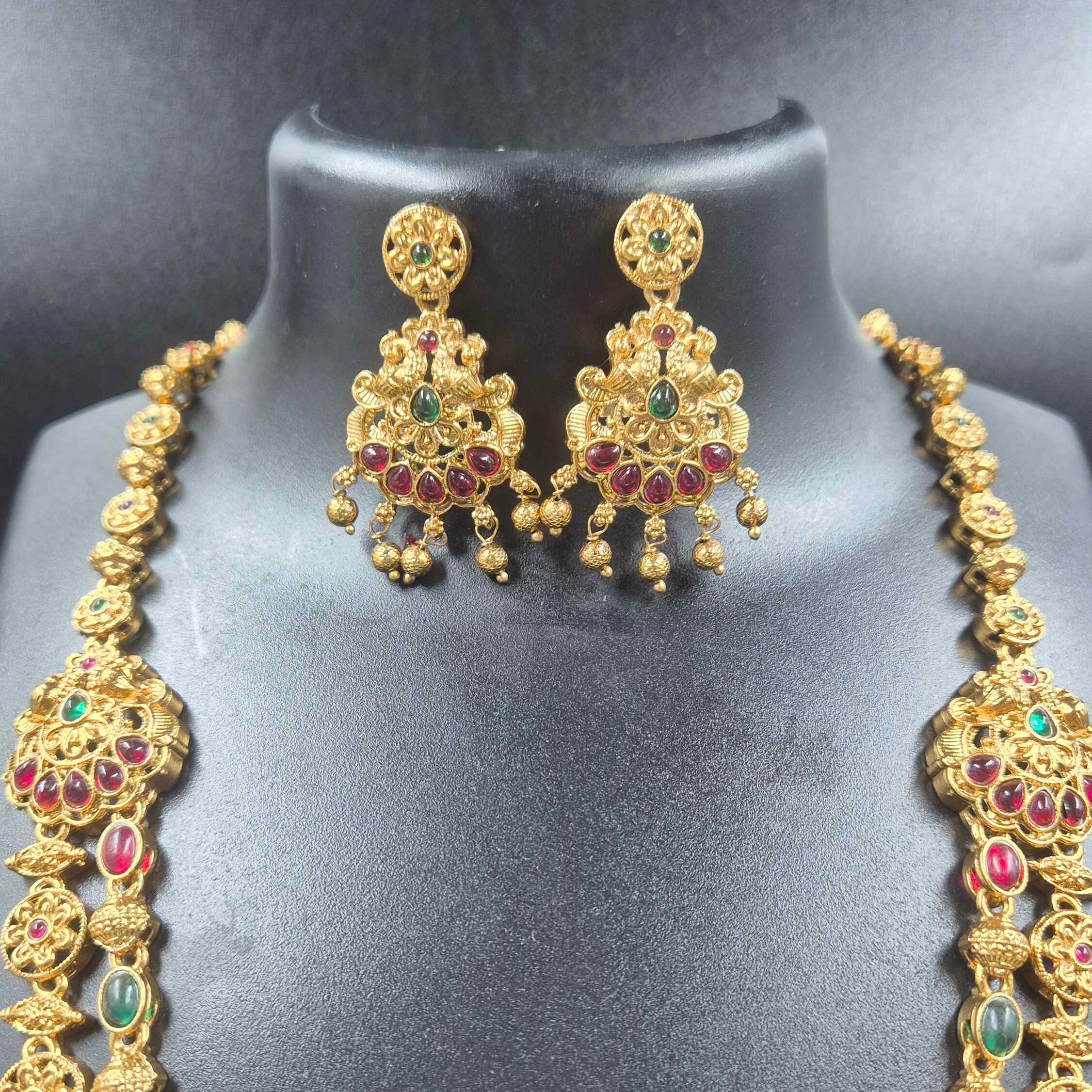 Antique Gold Dual Layer Temple Necklace Set | Ruby & Emerald Stone South Indian Bridal Jewelry