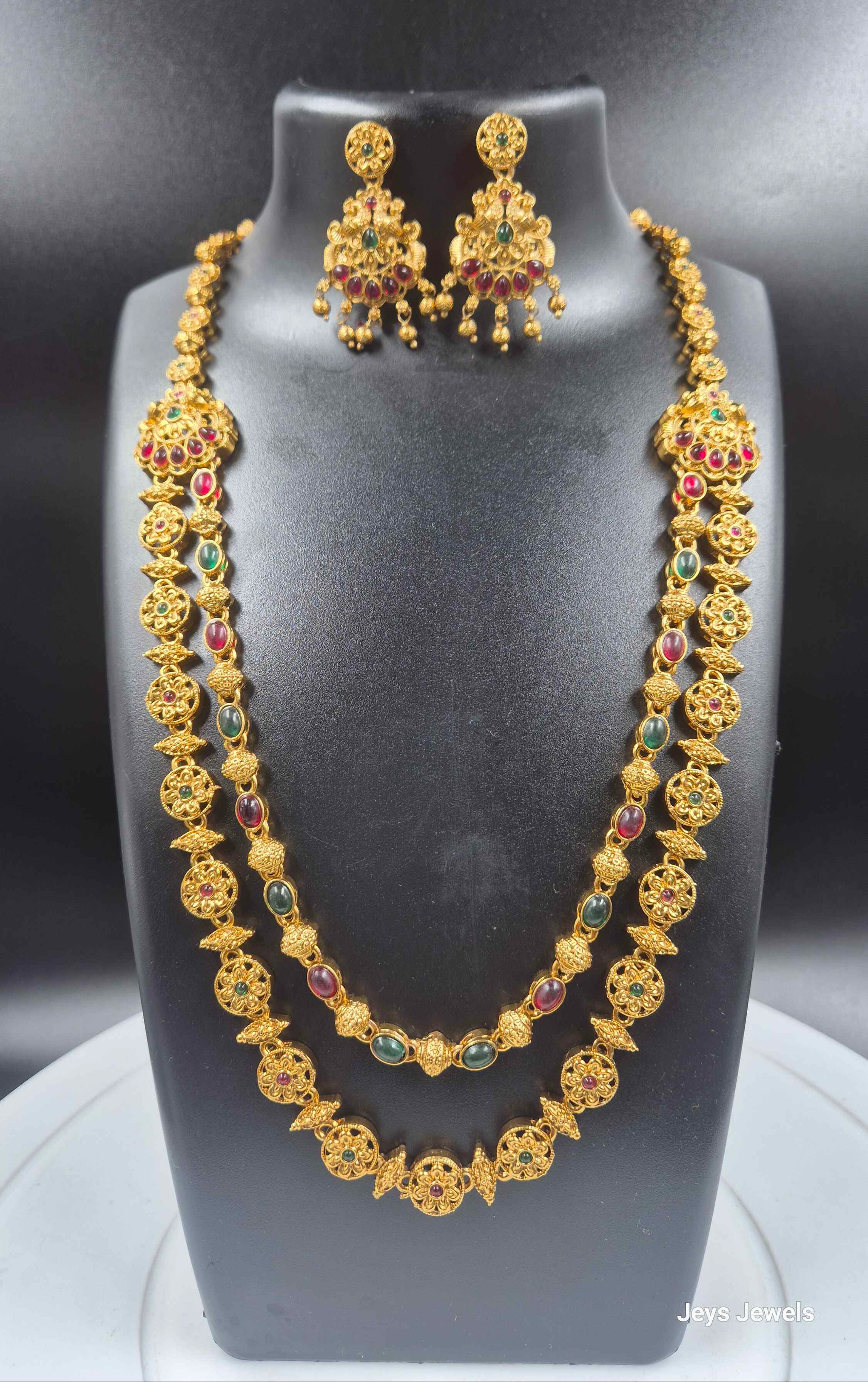 Antique Gold Dual Layer Temple Necklace Set | Ruby & Emerald Stone South Indian Bridal Jewelry